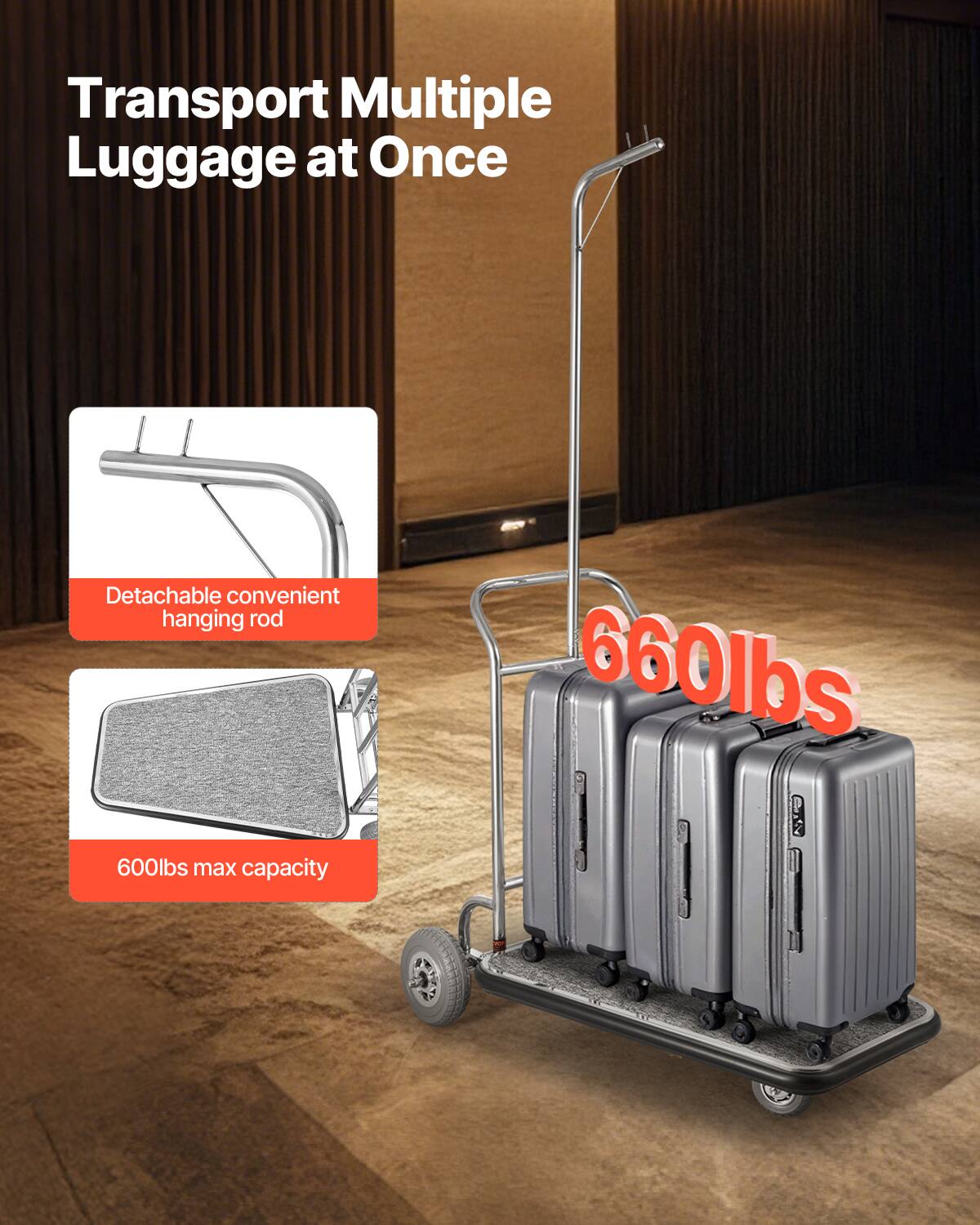 Transport Multiple Luggage at Once

- Detachable convenient hanging rod
- 600lbs max capacity
- 660lbs