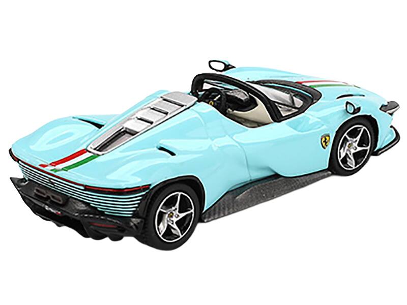 Left. BBR - Ferrari Daytona SP3 Light Blue with Italian Flag Stripes 1/64 Diecast Model Car by BBR - Light Blue.