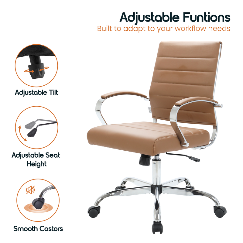 Adjustable Functions  
Built to adapt to your workflow needs  

- Adjustable Tilt  
- Adjustable Seat Height  
- Smooth Castors