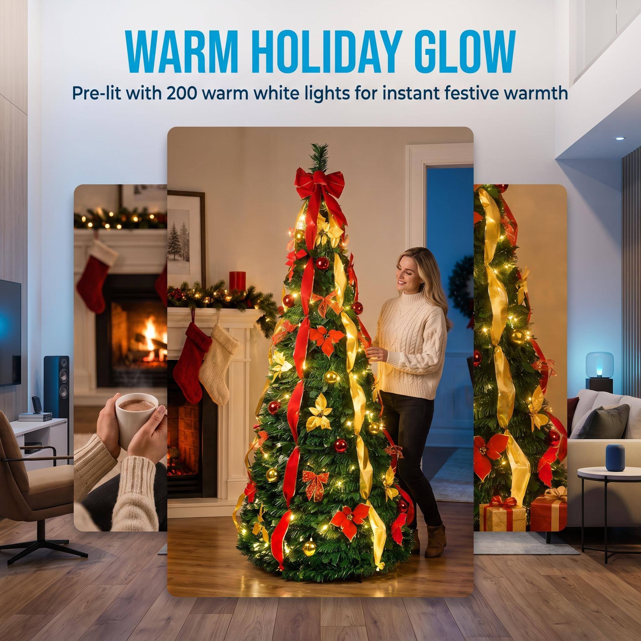 WARM HOLIDAY GLOW  
Pre-lit with 200 warm white lights for instant festive warmth