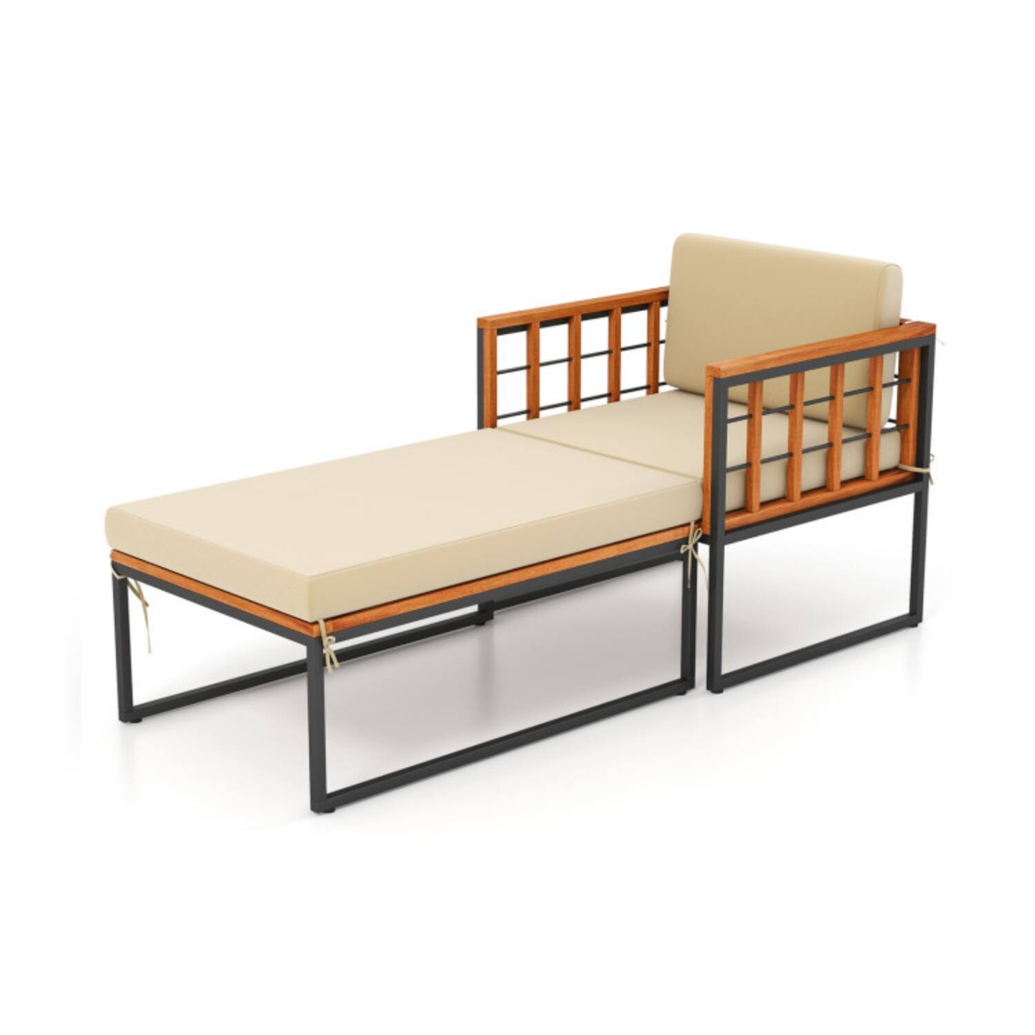 Alt View 3. Mondawe - Patio Acacia Wood Armchair w Long Ottoman & Cushions 400 lbs Chair / 800 lbs Ottoman - Beige.