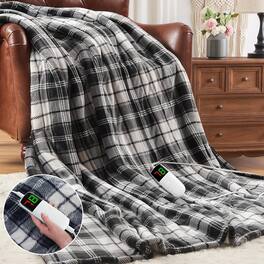 Paaaawaters Heated Blanket Electric Throw, Heating Throw with 10 Levels 8 Hours Auto Off, Blue Plaid Sherpa - color:BlackPlaid+size:62"x84"