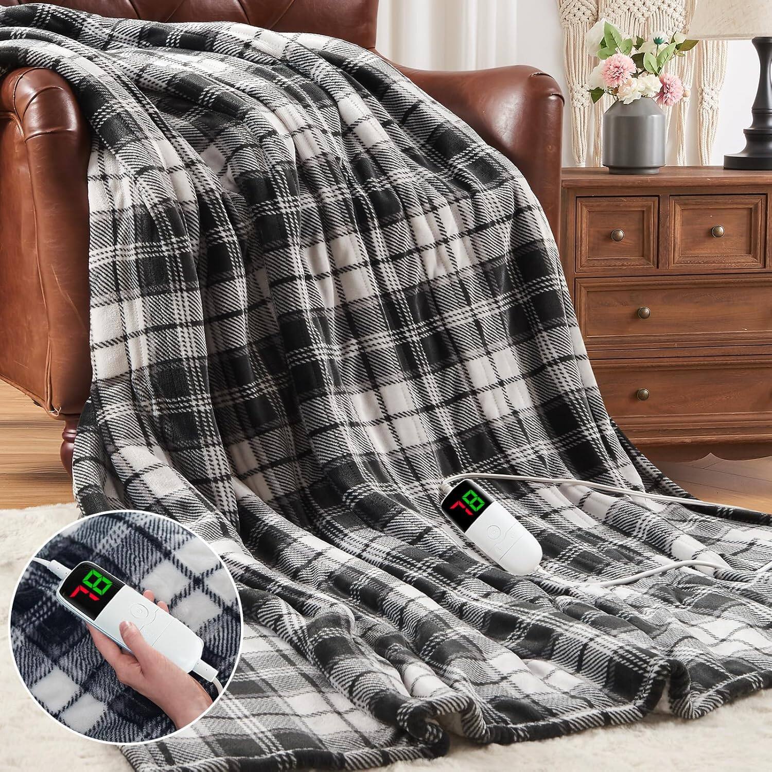 Front. blue - Paaaawaters Heated Blanket Electric Throw, Heating Throw with 10 Levels 8 Hours Auto Off, Blue Plaid Sherpa - color:BlackPlaid+size:62"x84".