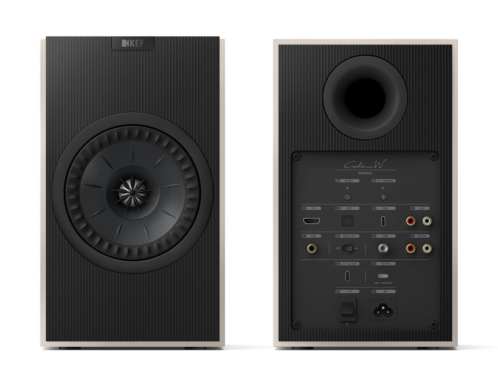 KEF  
Coda-W  
PRIMARY  
RESET  
BT PAIRING  
OPT  
USB  
AUX  
GND LEFT  
GND  
PHONO  
TV  
SUB  
30V-2A(OUT)  
I/O  
AC
