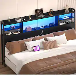 Aheaplus - King Size Headboard with Power Outlet and RGB LED Lights, Headboard with Storage Shelves - Black