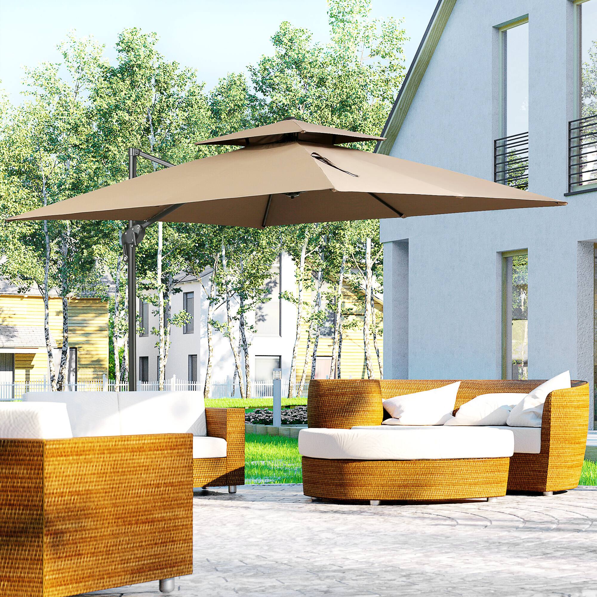 Alt View 1. Outsunny - 10ft Offset Patio Umbrella with Base, Double Top Hanging Aluminum Cantilever Umbrella with 360-degree Rotation - Coffee.