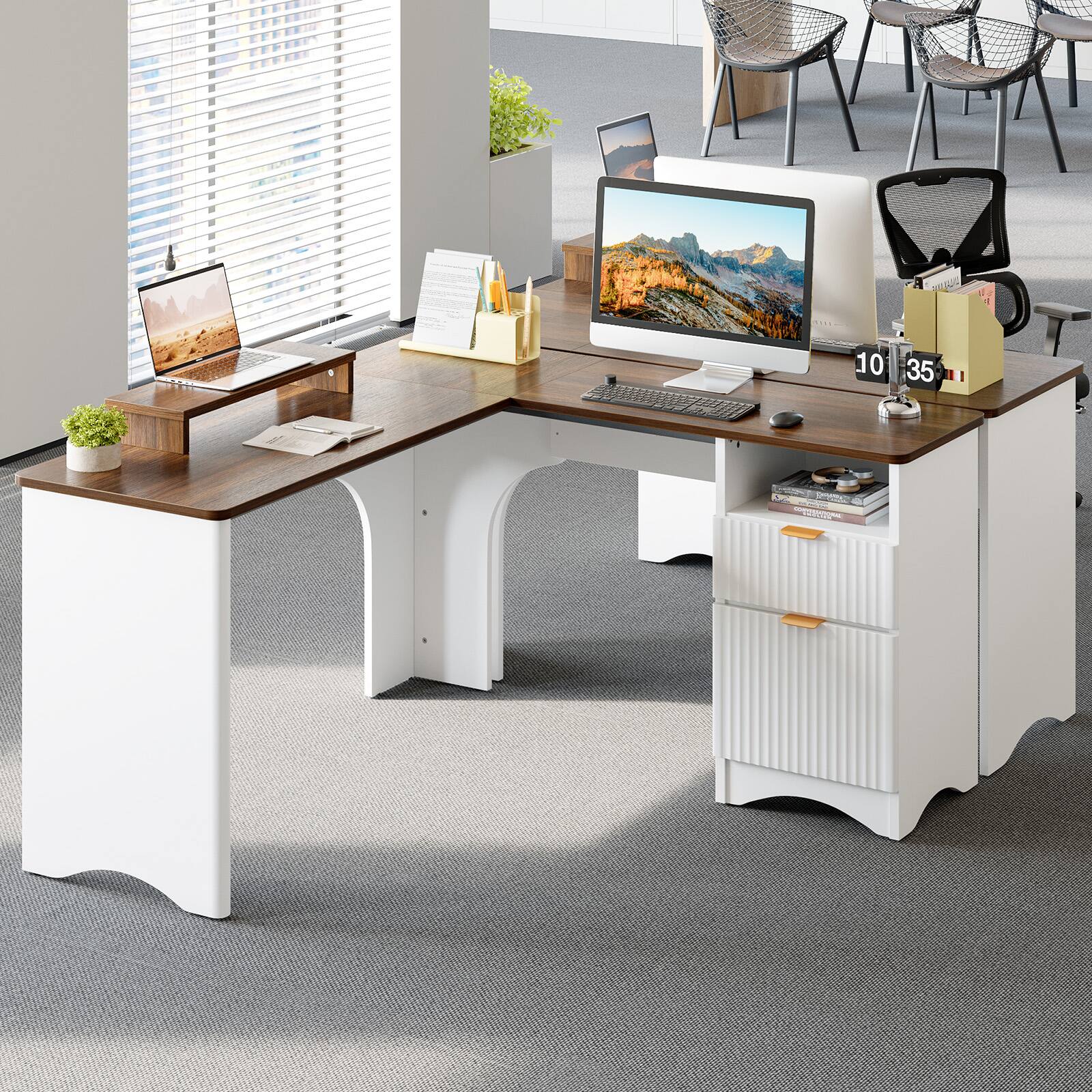 Alt View 7. Bestier - 55inch L-Shaped Computer Desk with File Drawer Monitor Stand and Fluted Panels Office Desk - Walnut.