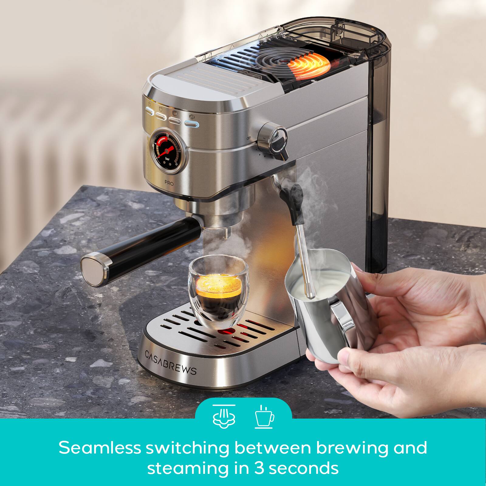 Seamless switching between brewing and steaming in 3 seconds