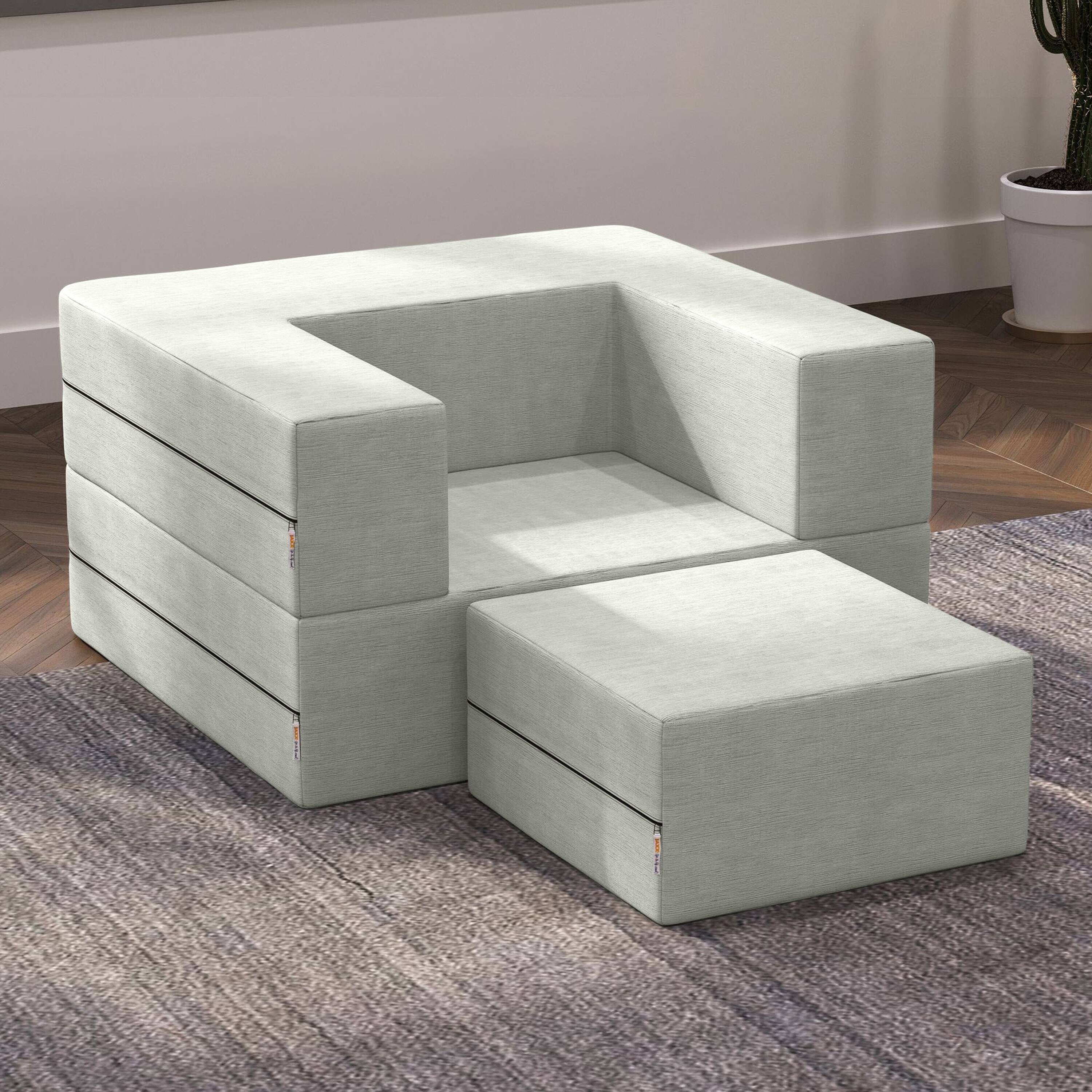 Left. Jaxx - Jaxx Zipline Convertible Sleeper Futon Chair & Ottoman with Machine-Washable Cover, Ice - Ice.