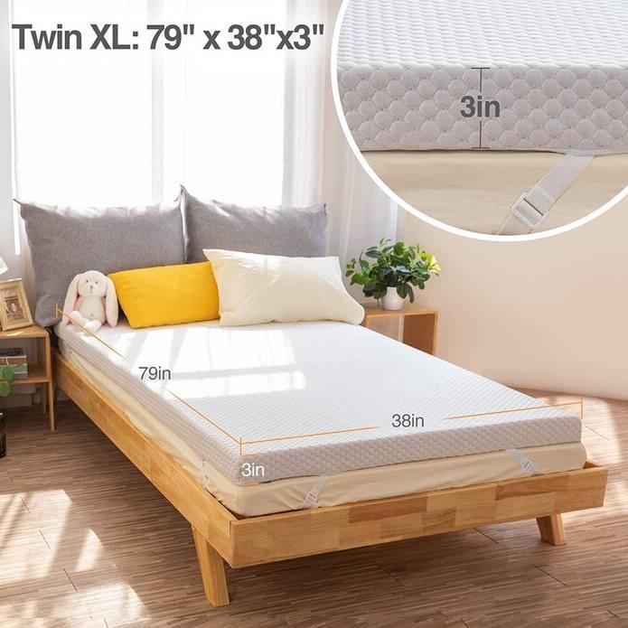 Twin XL: 79" x 38" x 3"  
79in x 38in x 3in