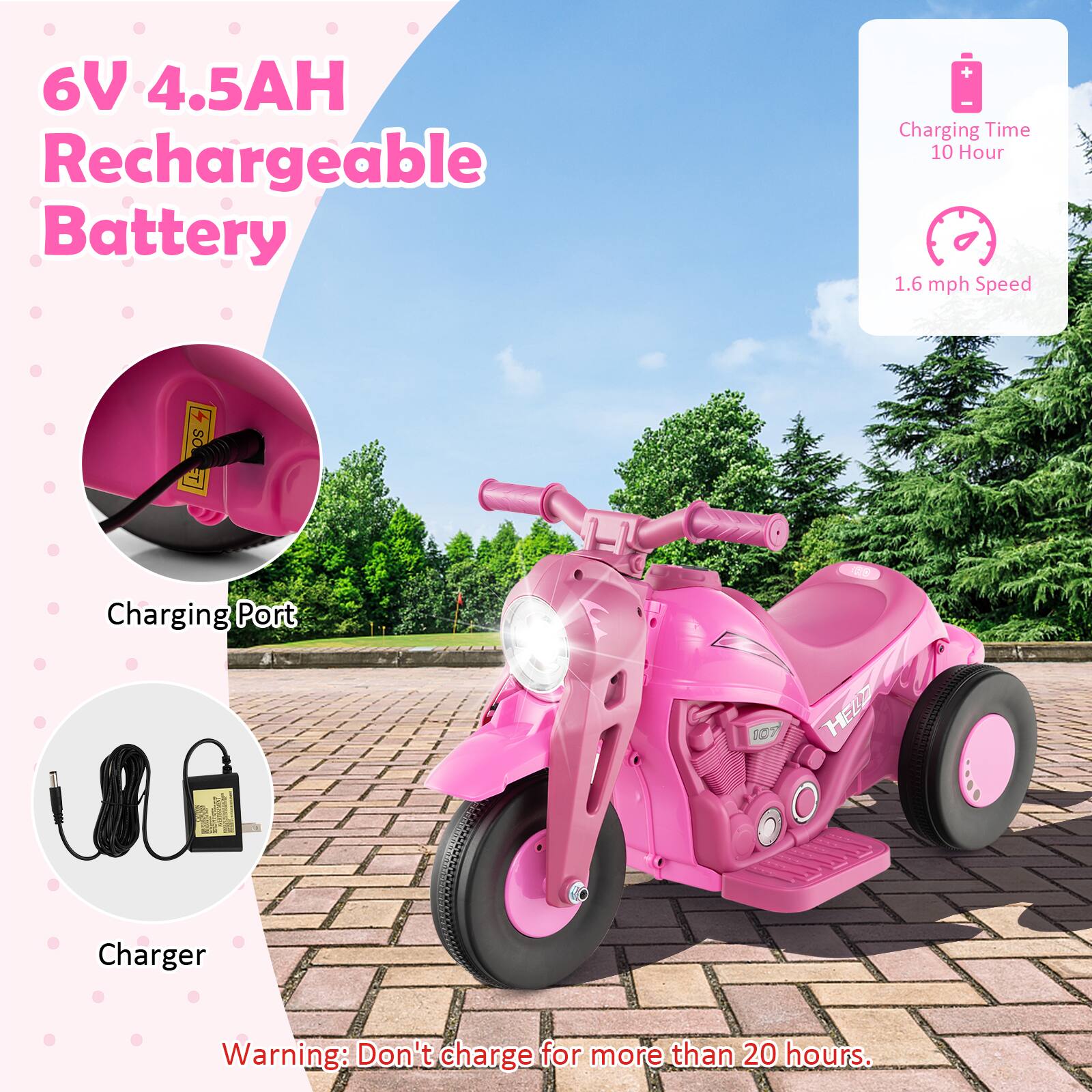 6V 4.5AH Rechargeable Battery

- Charging Time: 10 Hour
- 1.6 mph Speed
- Charging Port
- Charger

Warning: Don't charge for more than 20 hours.