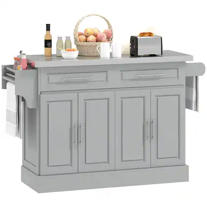 Front. Homcom - Rolling Kitchen Island Cart, Portable Table with Stainless Steel Top, Adjustable Shelves, Knife and Towel Rack - Grey.