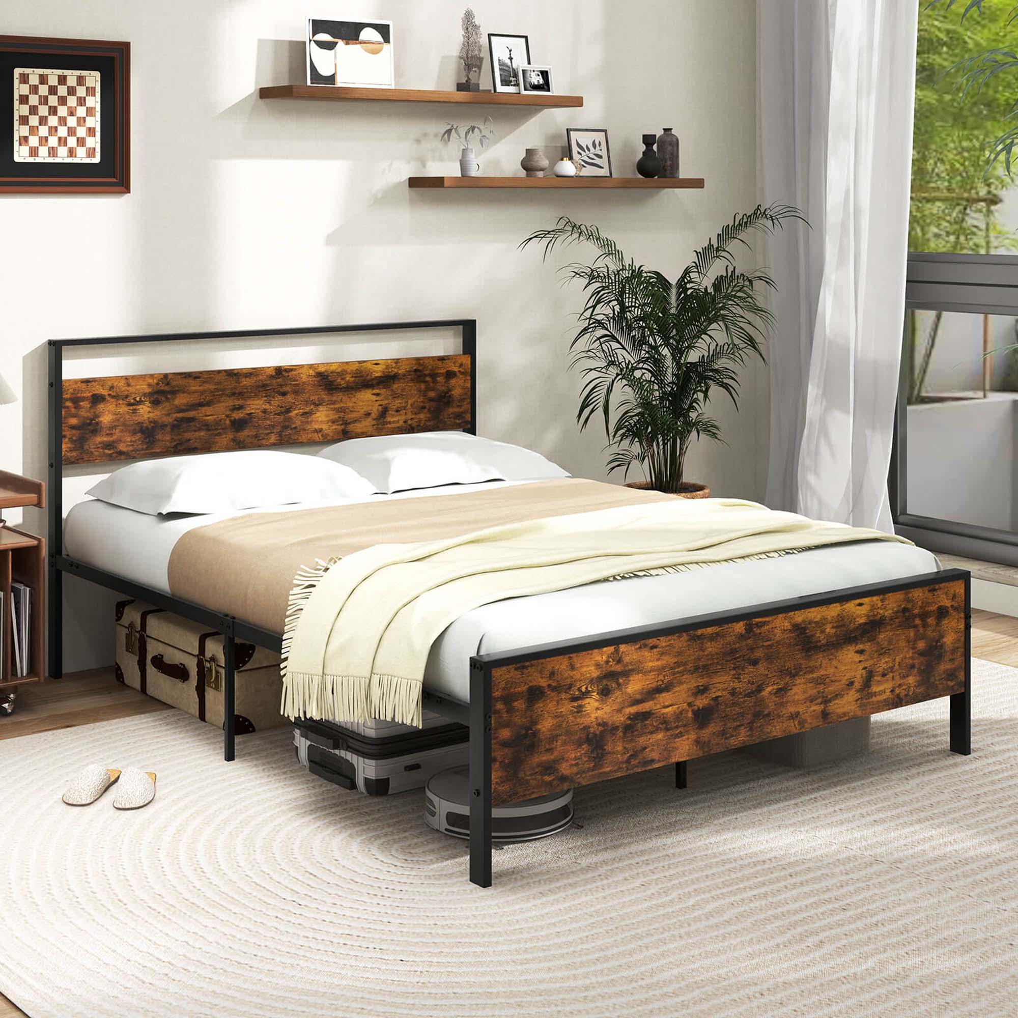 Angle. Costway - Queen Size Bed Frame with Wooden Headboard and Footboard Under-Bed Storage - Brown.