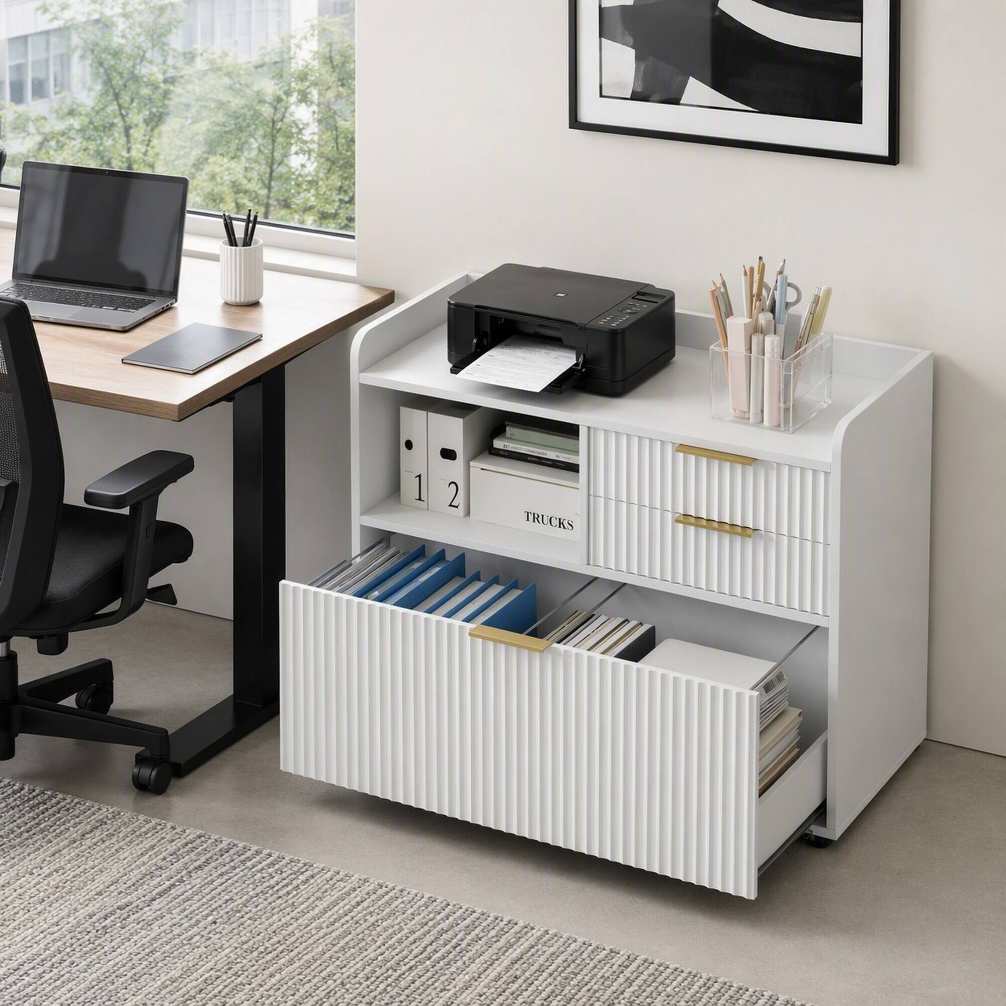 Left. RYHNUYNE - 3-Drawer Mobile File Cabinet with Charging Station and Open Shelf, White Particle Board Office Storage Cabinet.
