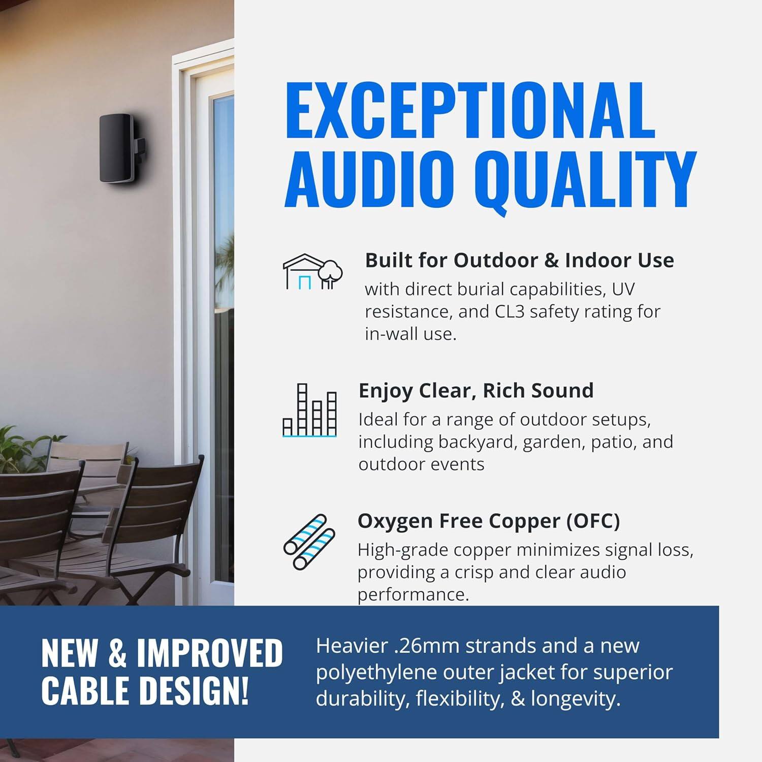 EXCEPTIONAL AUDIO QUALITY

Built for Outdoor & Indoor Use with direct burial capabilities, UV resistance, and CL3 safety rating for in-wall use.

Enjoy Clear, Rich Sound
Ideal for a range of outdoor setups, including backyard, garden, patio, and outdoor events

Oxygen Free Copper (OFC)
High-grade copper minimizes signal loss, providing a crisp and clear audio performance.

NEW & IMPROVED CABLE DESIGN!
Heavier .26mm strands and a new polyethylene outer jacket for superior durability, flexibility, & longevity.