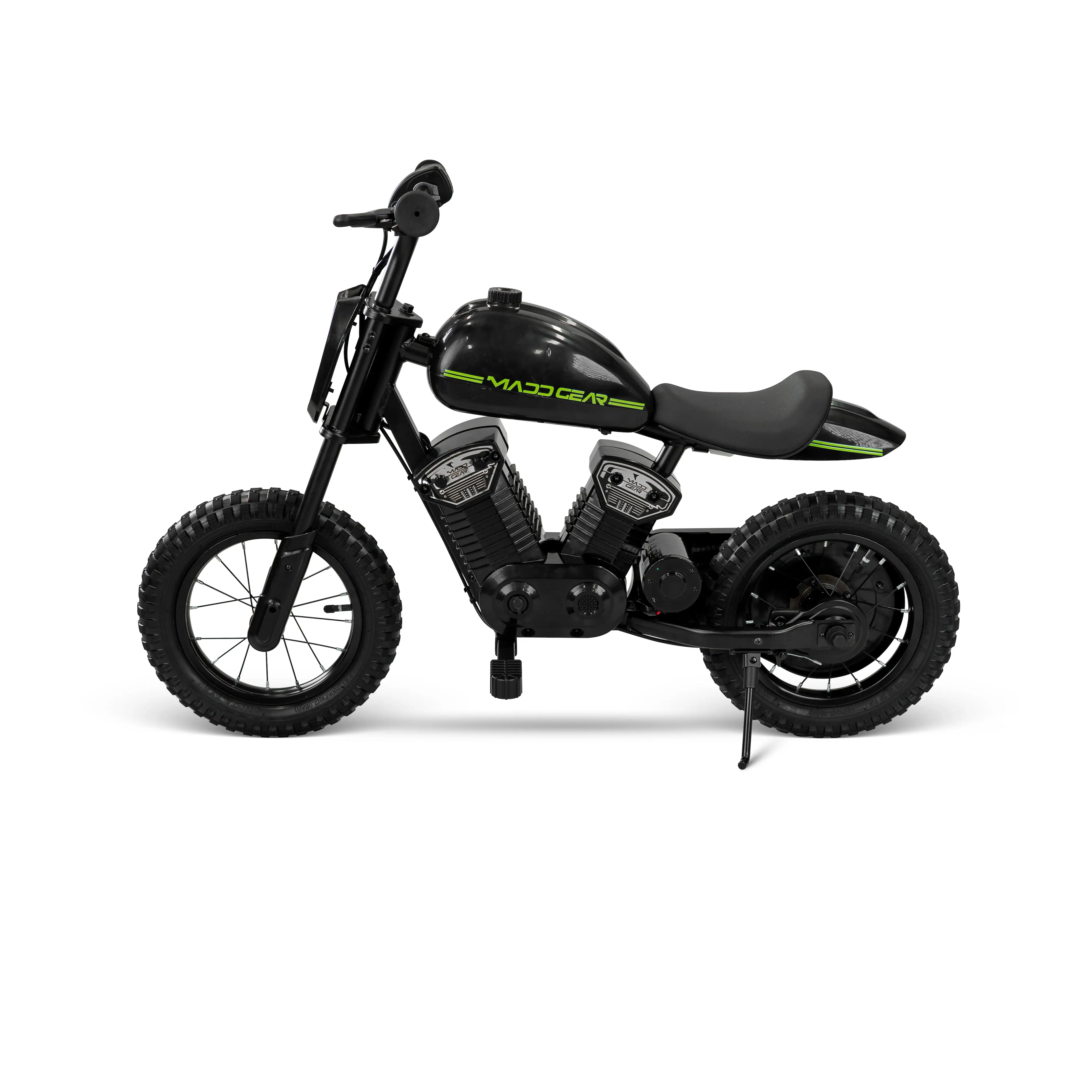 Left. Madd Gear - Electric Dirt Bike for Kids Ages 5-8 – 24V Dual Speed Up To 10 MPH, 12" Tires – Madd Gear My 1st Mini Electric Dirt Bike - Black.