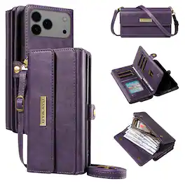 Dteck - Wallet Case for Apple iPhone 17 Pro, Shockproof PU Leather Flip RFID Blocking Card Slots with Shoulder Strap - Purple