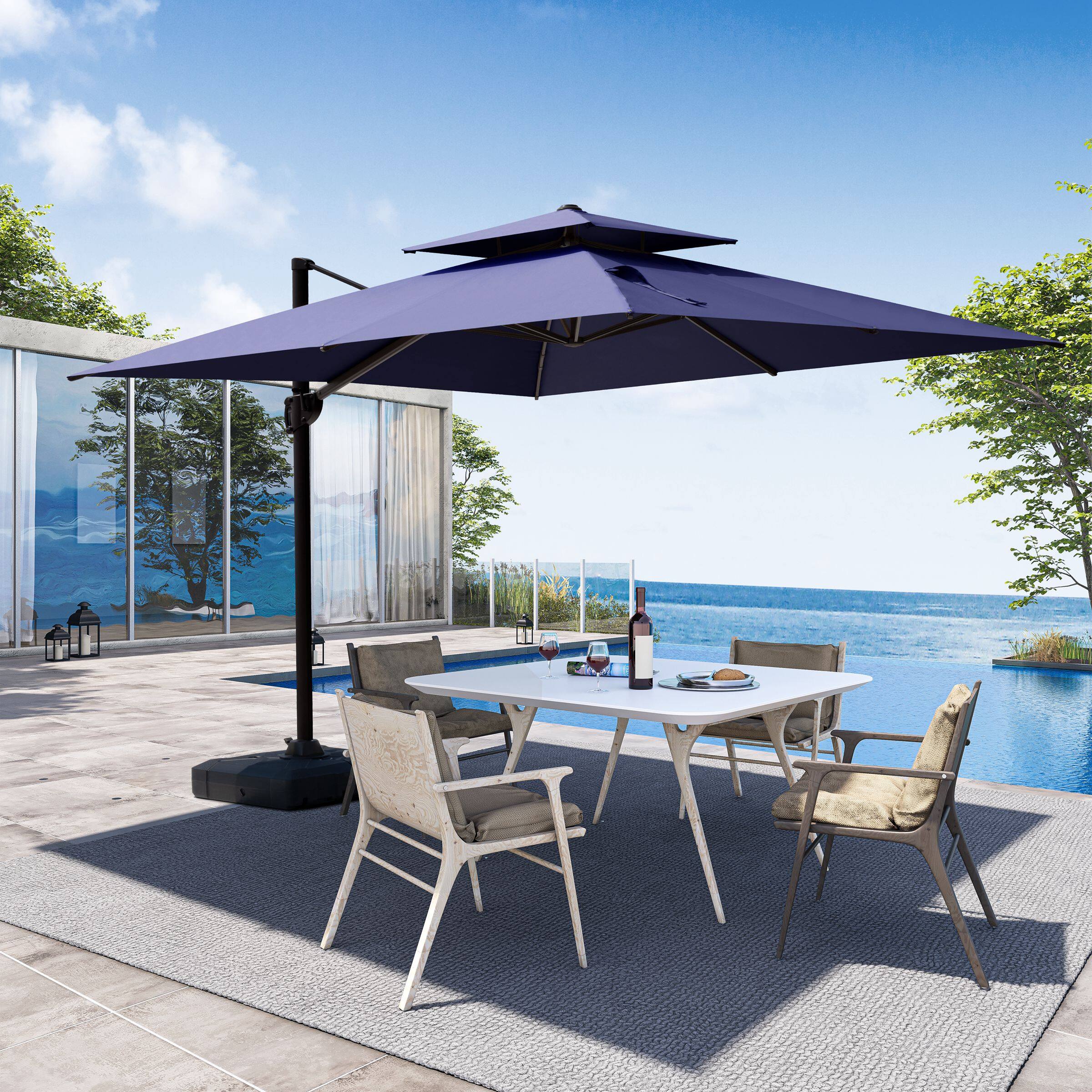 Alt View 7. Crestlive Products - Crestlive Products 11x11ft Aluminum Double Top Crank Cantilever Patio Umbrella with Base - Navy blue.