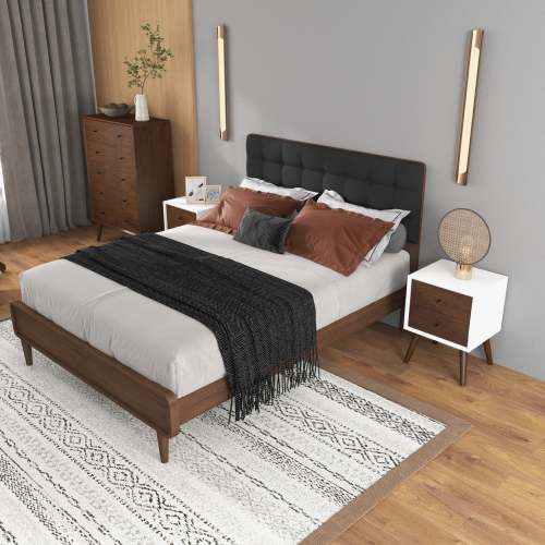 Back. LUCKY ONE - 23.6" Assembled Mid Century Nightstand 2-Drawer Solid Wood Bedside Table - Dark Brown,White.