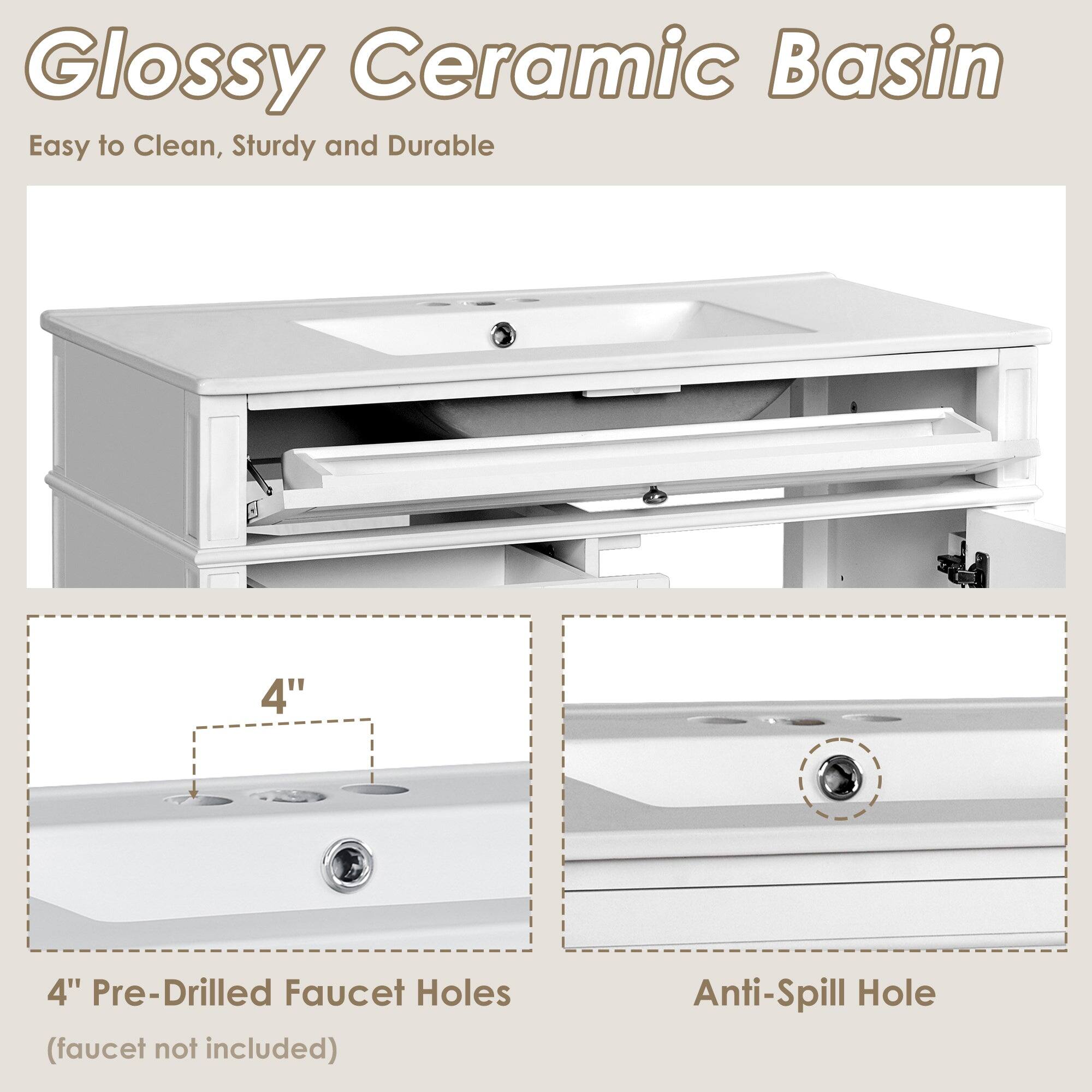 Glossy Ceramic Basin  
Easy to Clean, Sturdy and Durable  

4" Pre-Drilled Faucet Holes (faucet not included)  
Anti-Spill Hole