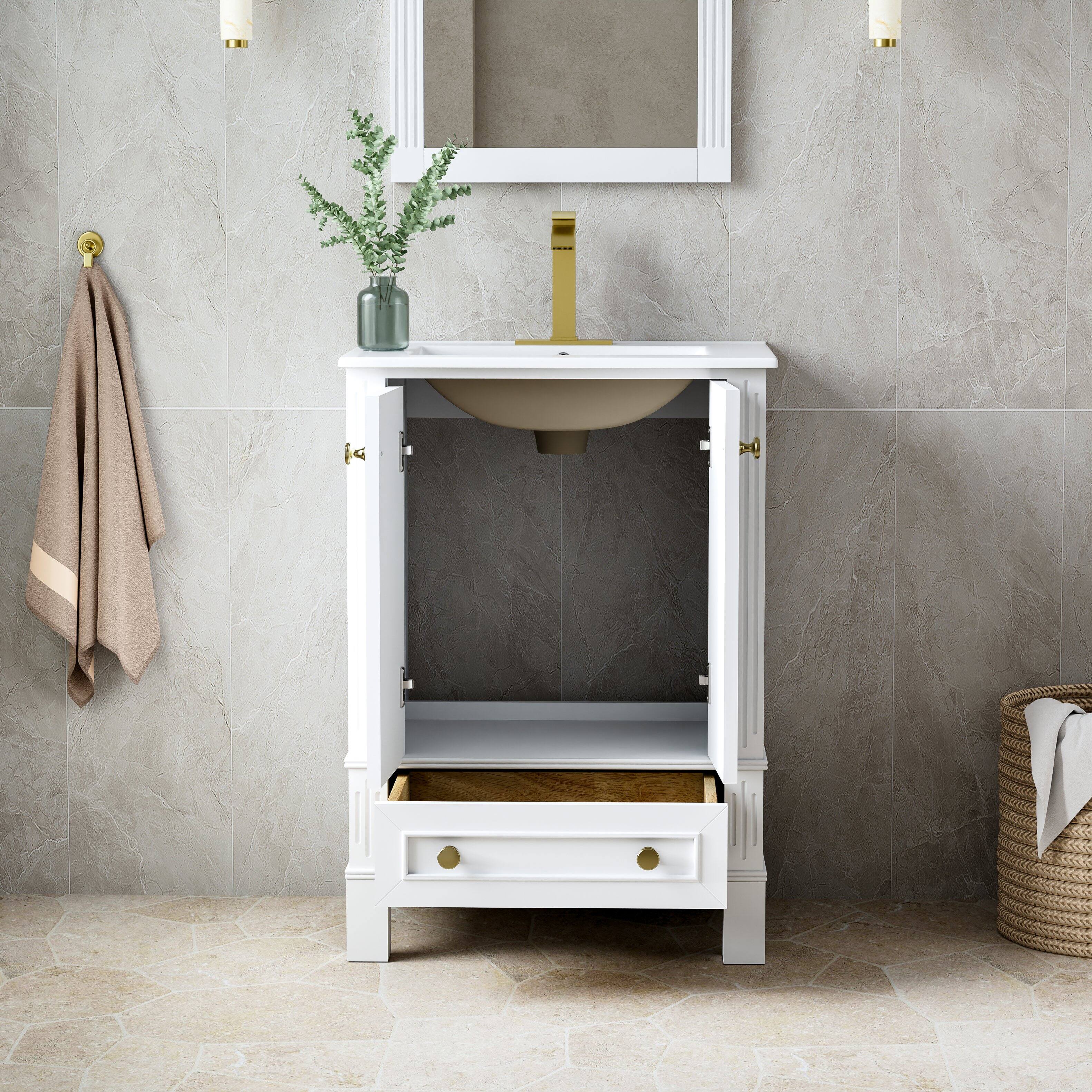 Left. WELLFOR - DURA 24 in. Solid Wood Bath Vanity with Countertop Basin, Single Sink - White.