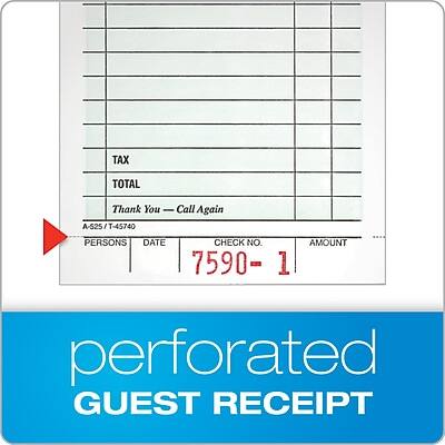 A-525/T-45740  
TAX  
TOTAL  
Thank You - Call Again  

PERSONS DATE CHECK NO. AMOUNT  
7590 - 1  

perforated GUEST RECEIPT