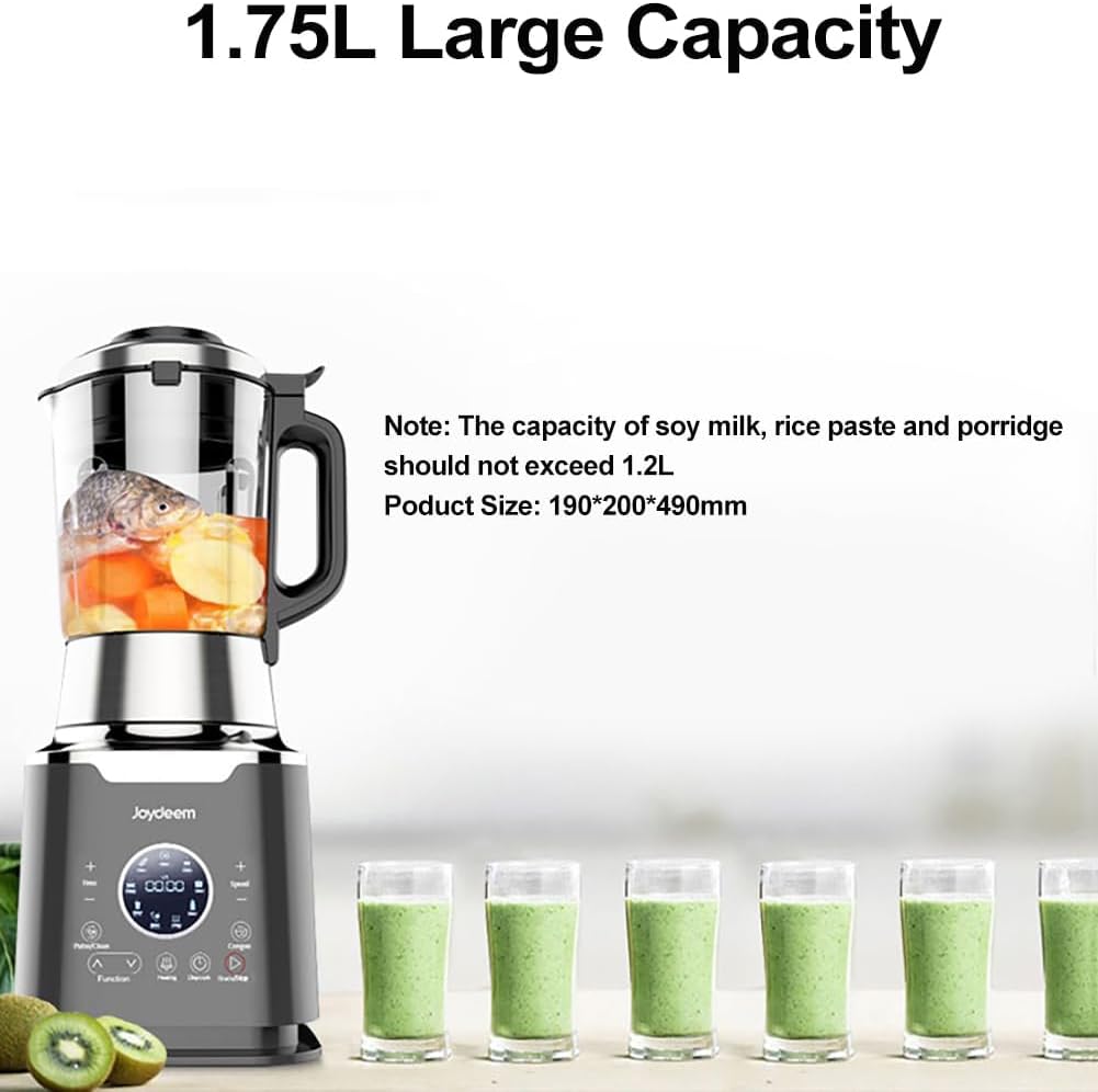 1.75L Large Capacity

Note: The capacity of soy milk, rice paste and porridge should not exceed 1.2L

Product Size: 190*200*490mm

Joydeem