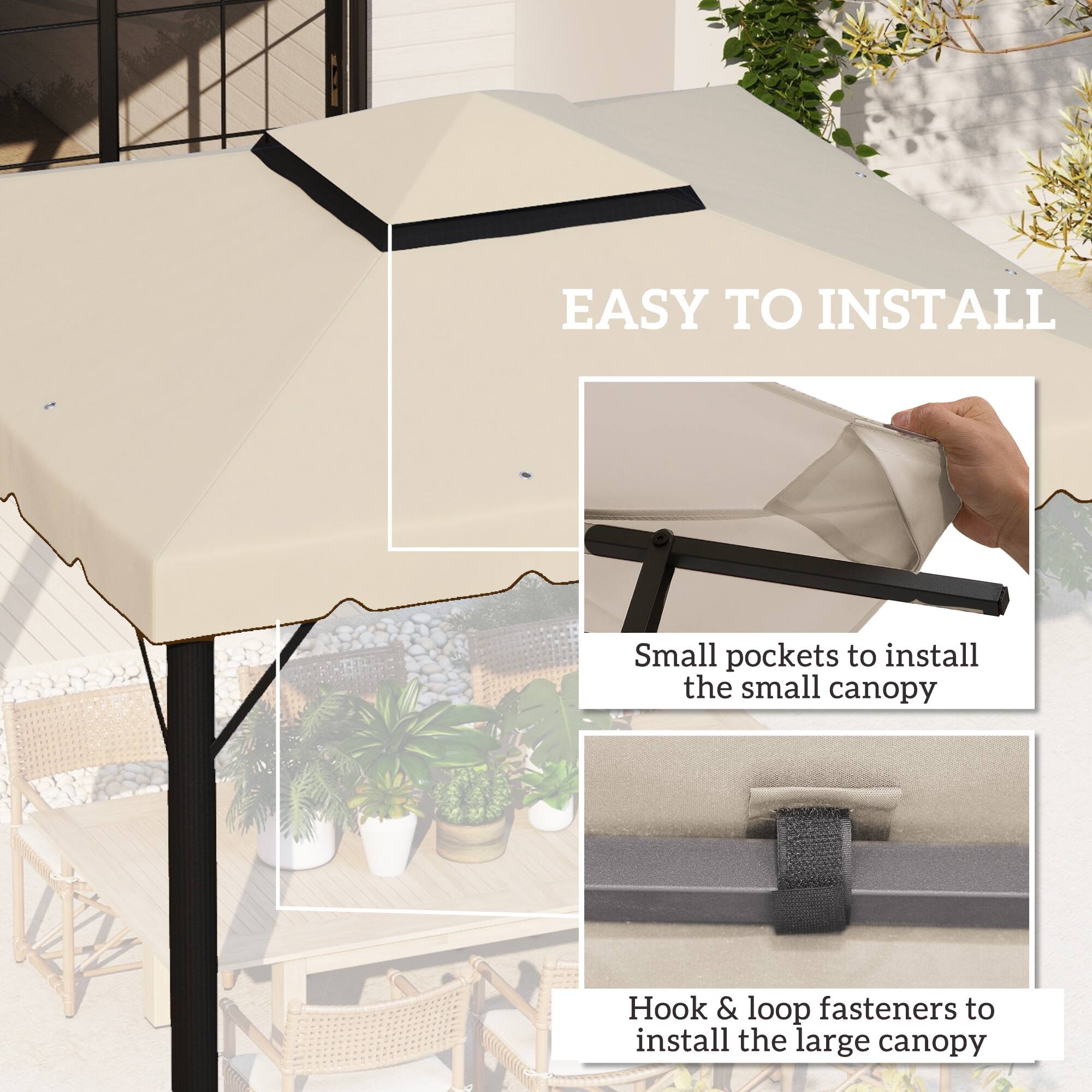 EASY TO INSTALL

Small pockets to install the small canopy

Hook & loop fasteners to install the large canopy