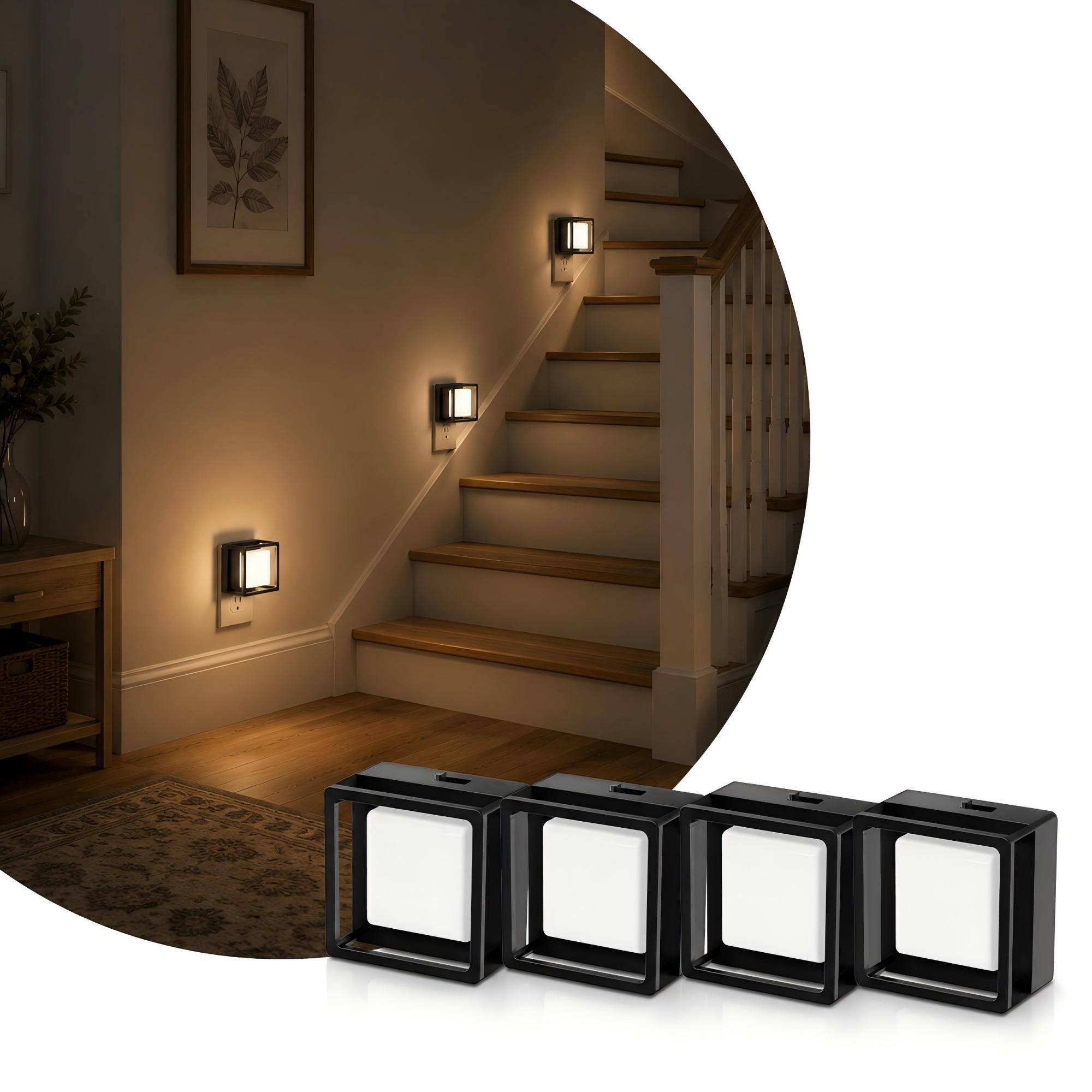 Angle. Jandcase - JANDCASE 4-Pack 1W  Plug-in Night Light, 3000K Warm Glow, Compact Philips-Style Design,  0-100%, Dusk-to-Dawn Sensor - Black.
