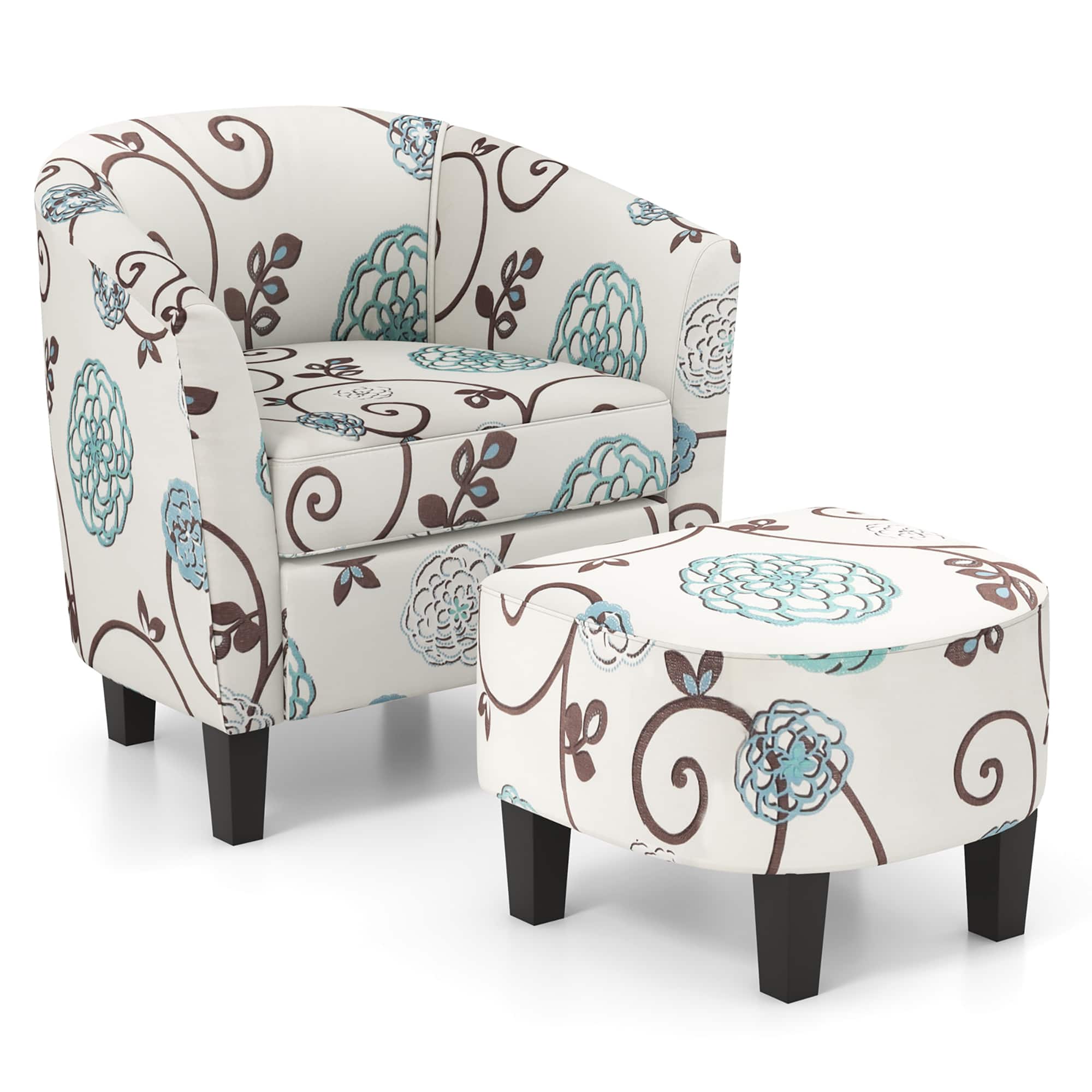 Gymax - Modern Accent Tub Chair&Ottoman Set Fabric Upholstered Club Chair Grey Floral - Black, White