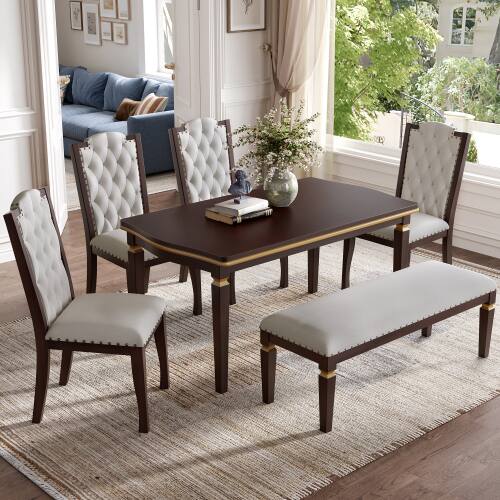 Alt View 1. LUCKY ONE - 6-Piece Dining Set with 60" Rectangular Dining Table, Bench and 4 Tufted Chairs - Espresso.