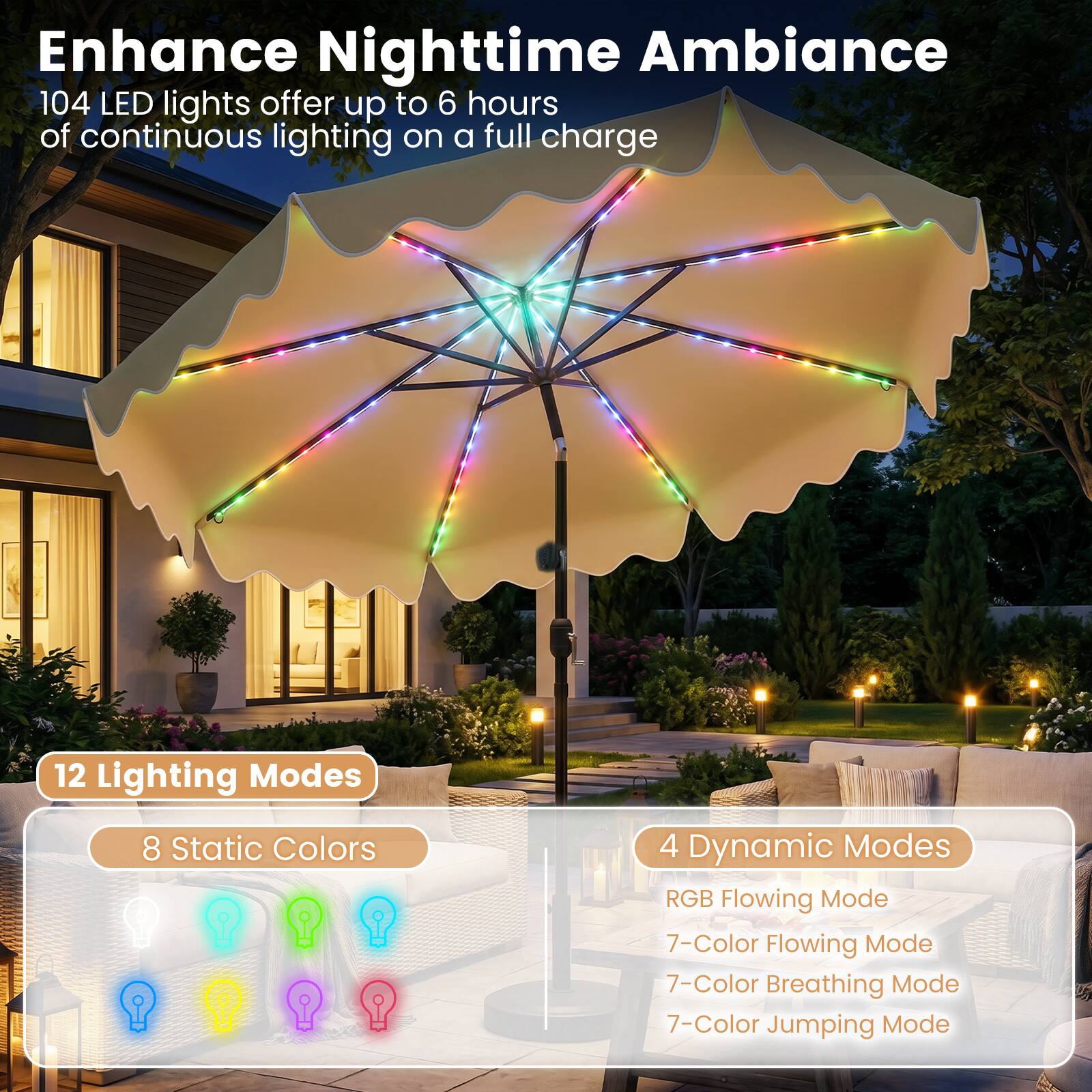 Enhance Nighttime Ambiance

104 LED lights offer up to 6 hours of continuous lighting on a full charge

12 Lighting Modes

8 Static Colors

4 Dynamic Modes

RGB Flowing Mode

7-Color Flowing Mode

7-Color Breathing Mode

7-Color Jumping Mode