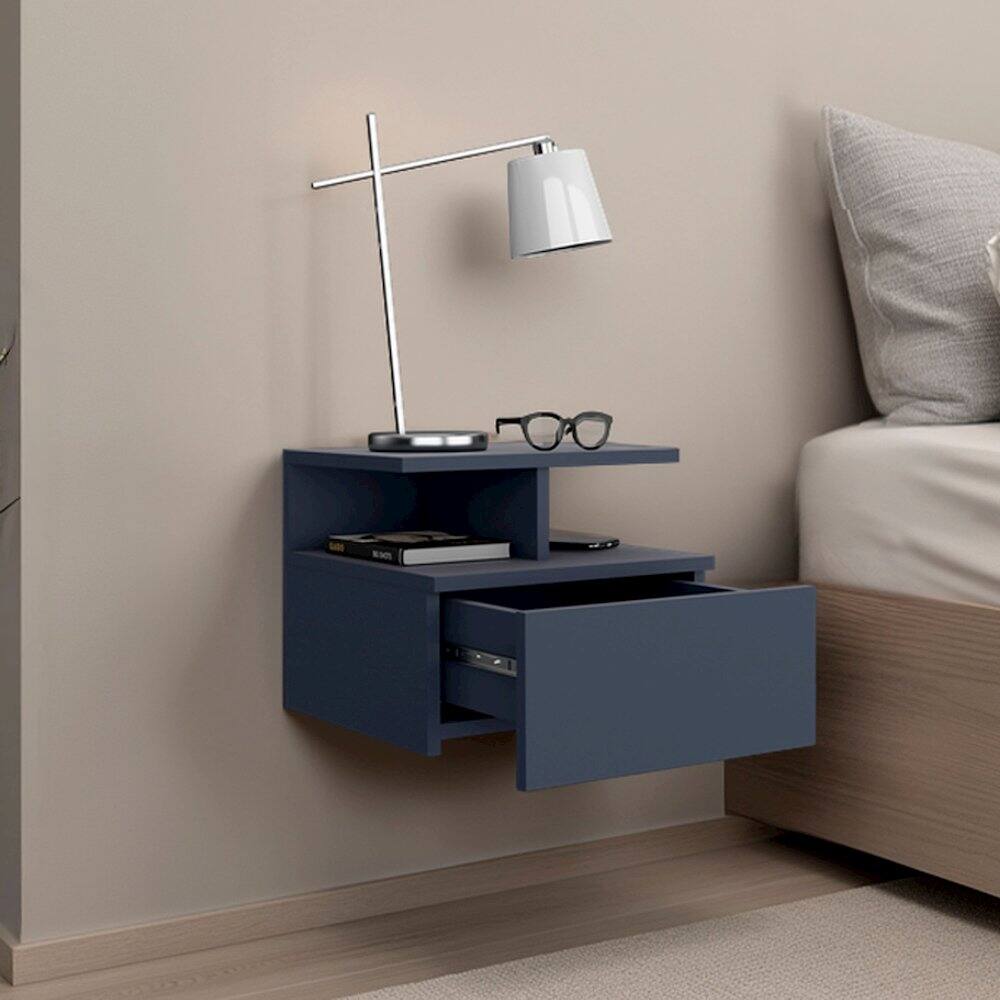Alt View 4. TuHome - Floating Nightstand, With One Drawer And Two Small Below Shelves, White - Blue.