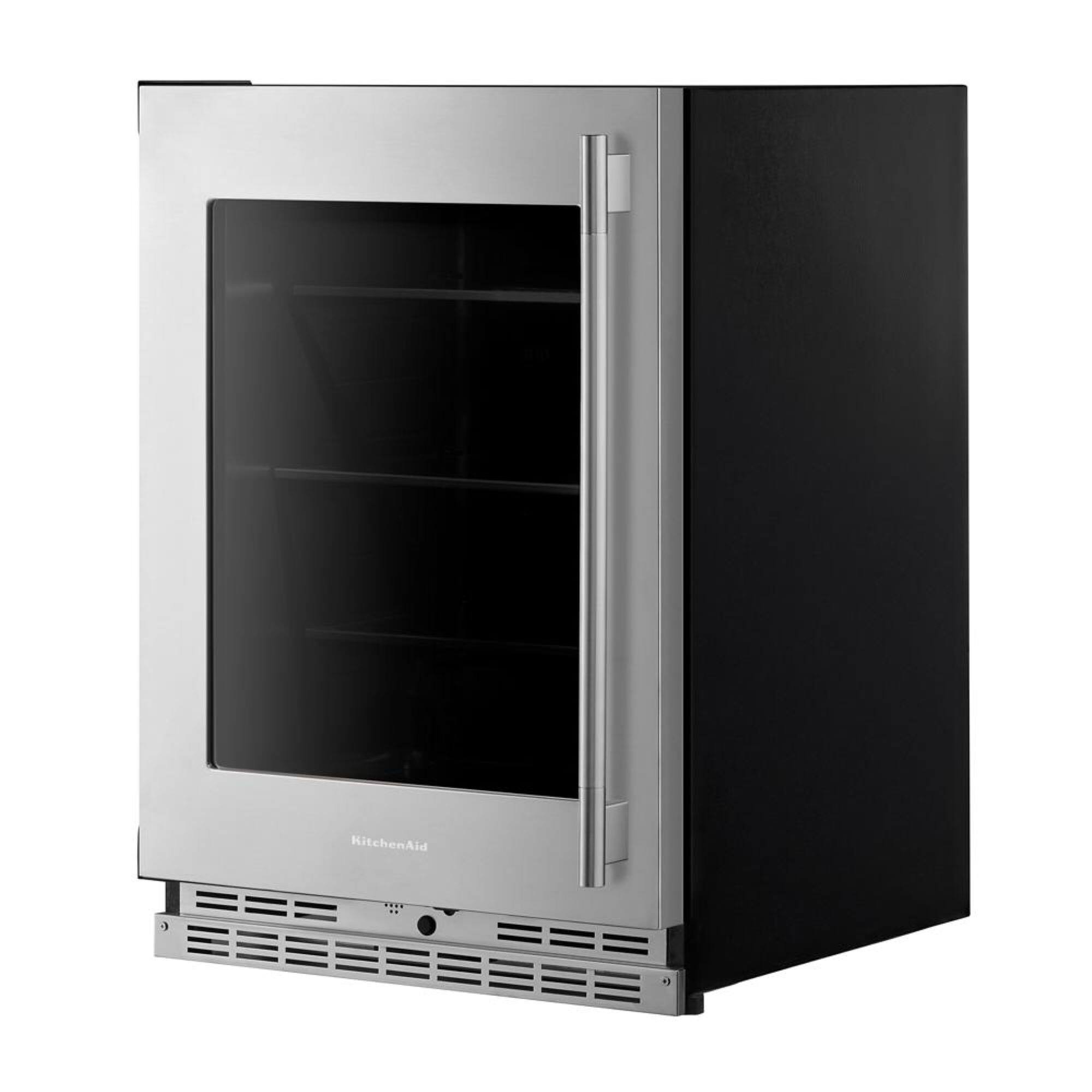 Angle. KitchenAid - 5.2 Cu. Ft. Undercounter Refrigerator Glass Door and Shelves with Metallic Accents - PrintShield Stainless Finish.