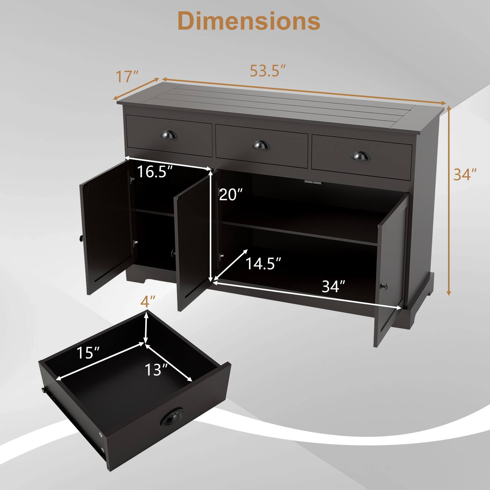 Dimensions:  
- Width: 53.5"  
- Height: 34"  
- Depth: 17"  
- Shelf Depth: 16.5"  
- Shelf Height: 20"  
- Drawer Width: 34"  
- Drawer Height: 14.5"  
- Drawer Box: 15" x 13" x 4"