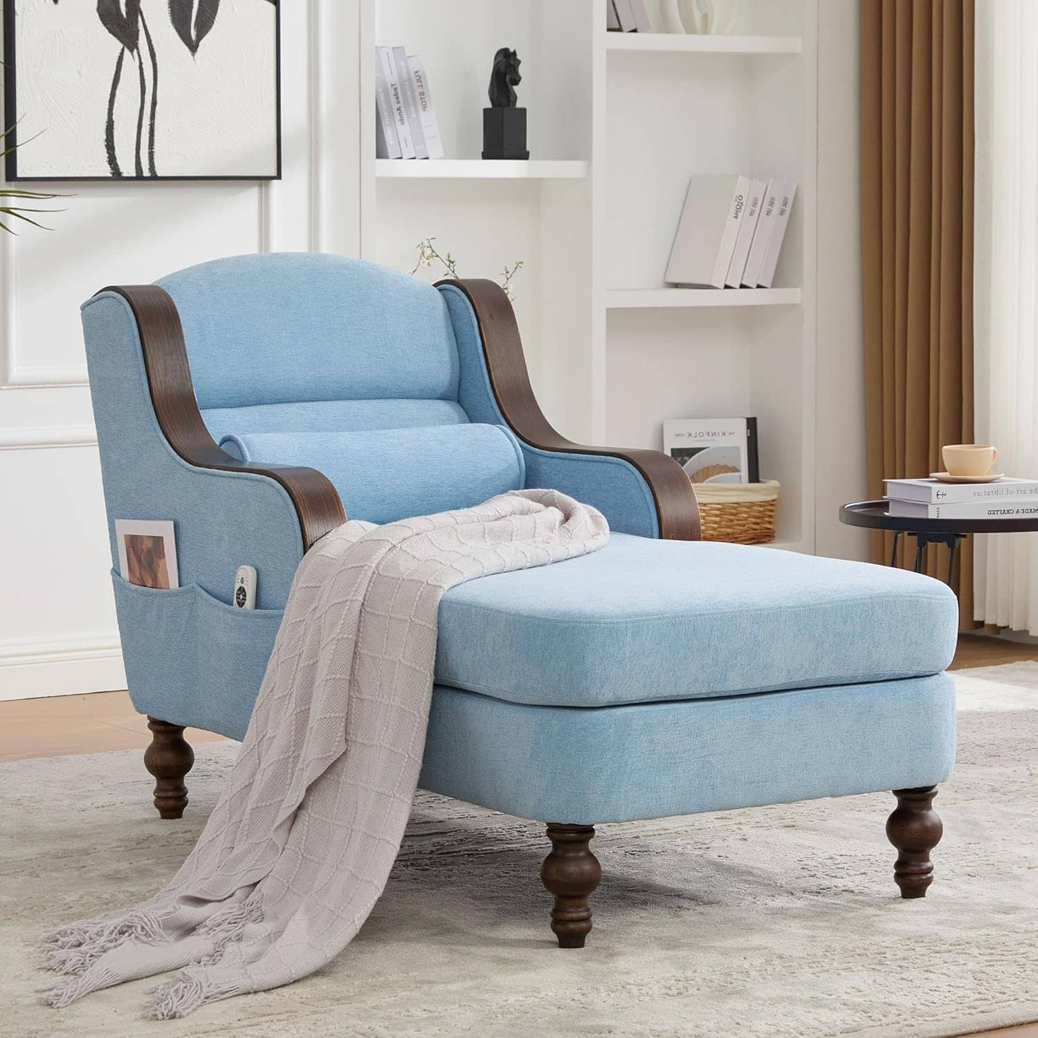 Trinkets Crazed - Oversized Chaise Lounge Indoor,Fabric Single Sofa Bed with Wide Seat,Upholstered Lazy Sleeper Armchair - light blue