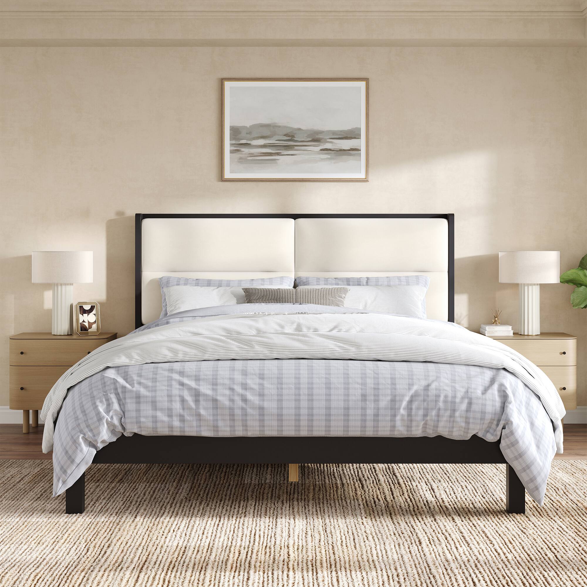 Angle. Whisen - Queen Size Platform Bed Frame with Velvet Upholstered Headboard, No Box Spring Needed - Black.