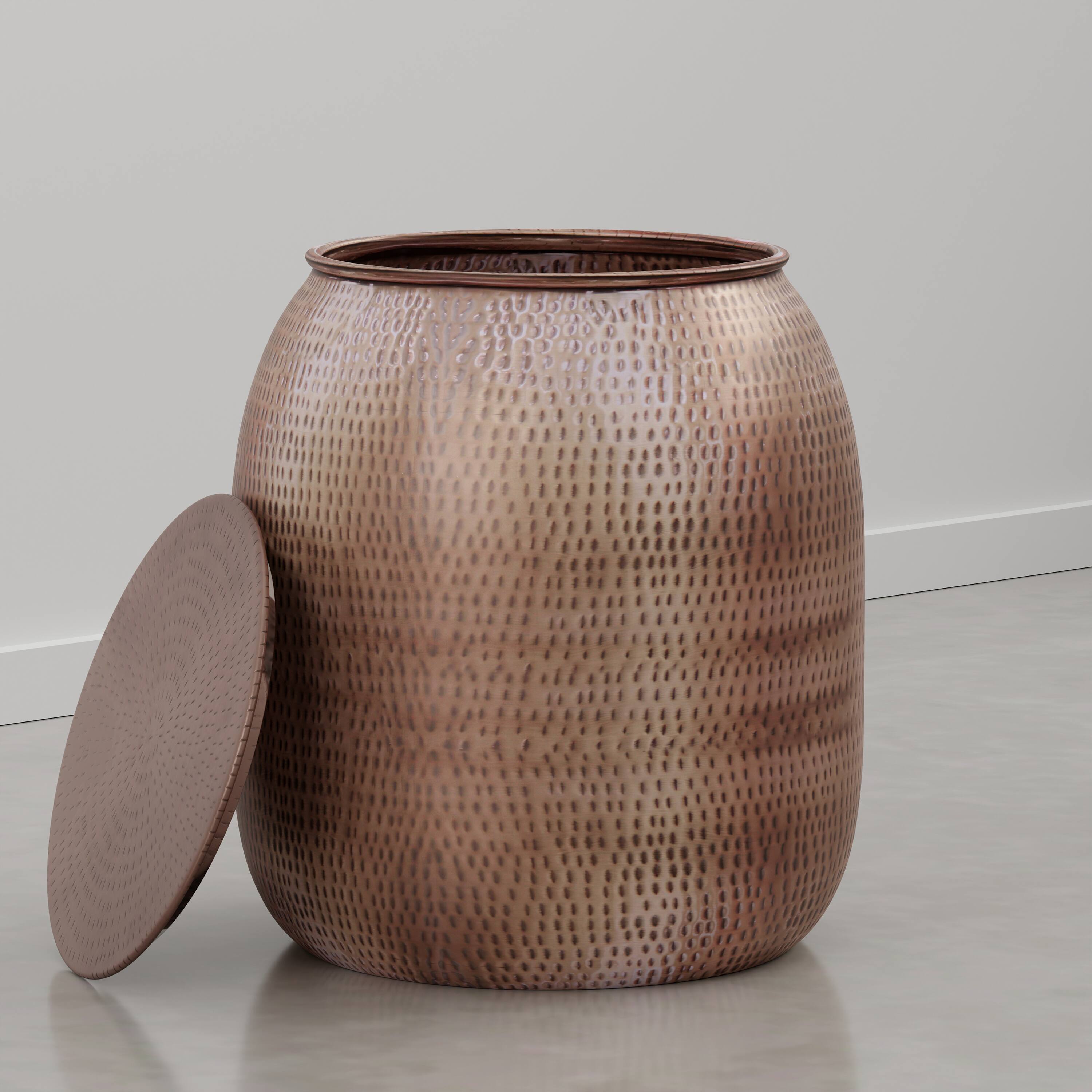 Back. Simpli Home - Griffen 19 inch Wide Solid Metal Drum Storage Accent Table, Burnished Copper - Burnished Copper.