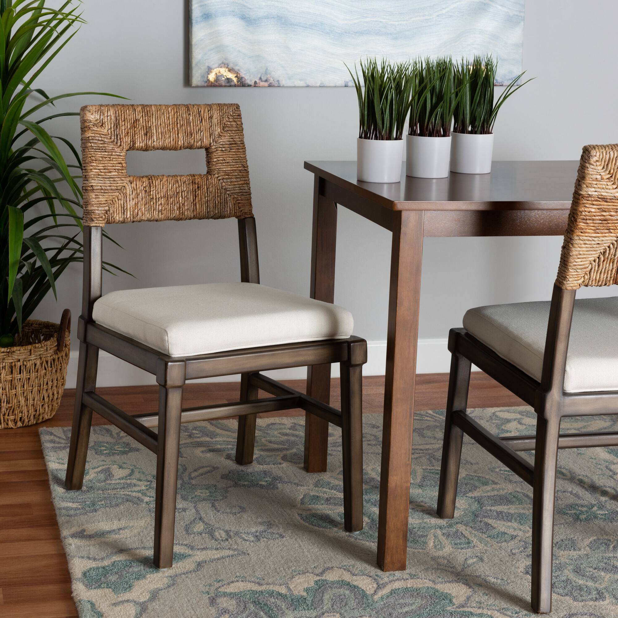 Alt View 4. bali & pari - Porsha Modern Bohemian Finished Mahogany Wood and Natural Rattan Dining Chair - White/Natural Brown/Walnut Brown.