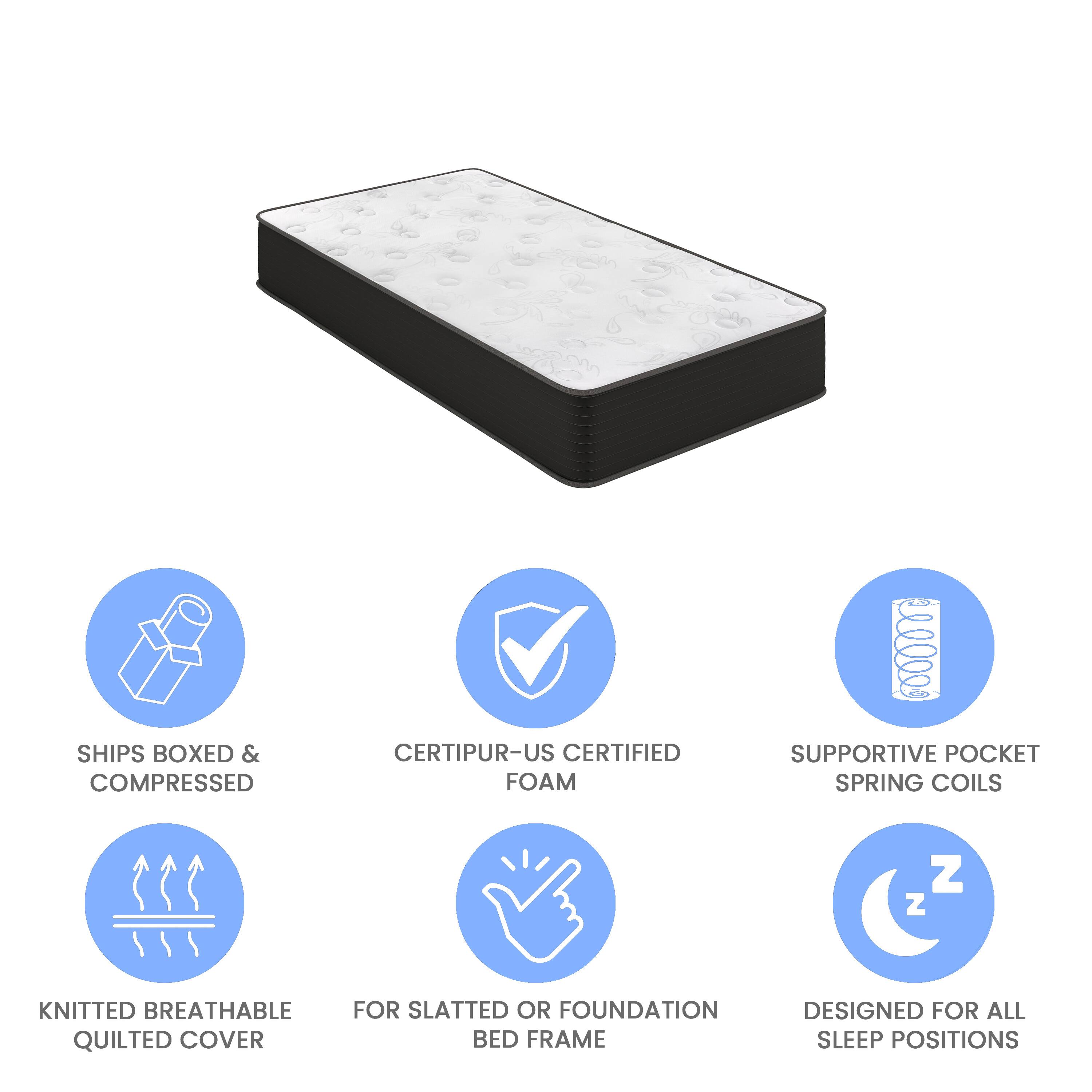 - Ships boxed & compressed
- Certipur-US certified foam
- Supportive pocket spring coils
- Knitted breathable quilted cover
- For slatted or foundation bed frame
- Designed for all sleep positions