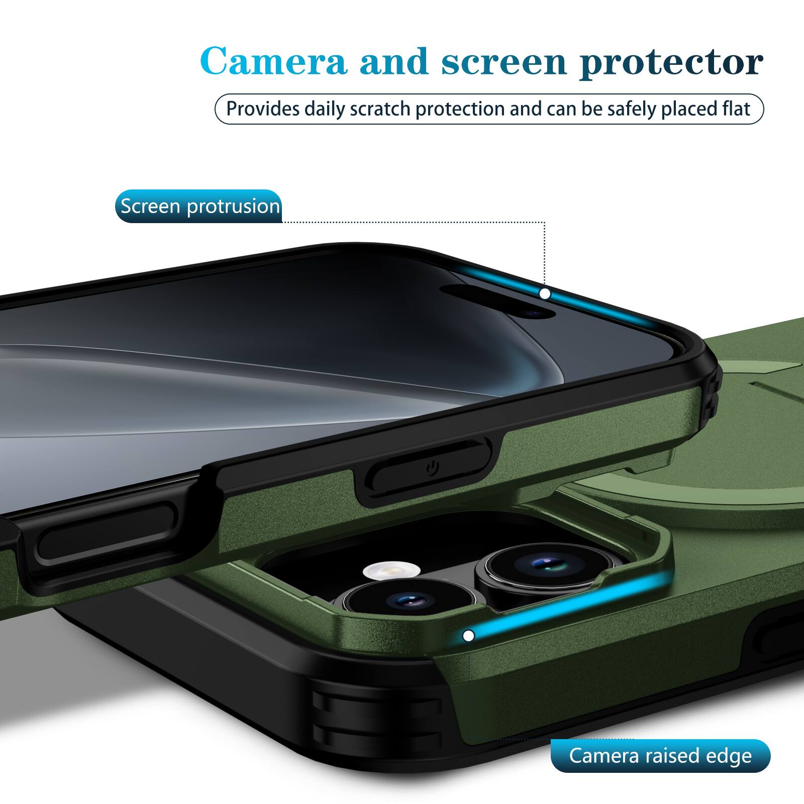 Camera and screen protector  
Provides daily scratch protection and can be safely placed flat  

Screen protrusion  
Camera raised edge
