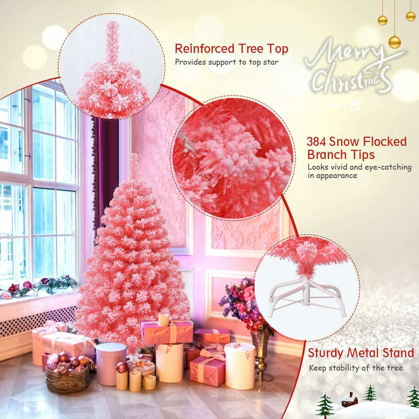 - Reinforced Tree Top  
  Provides support to top star

- 384 Snow Flocked Branch Tips  
  Looks vivid and eye-catching in appearance

- Sturdy Metal Stand  
  Keep stability of the tree