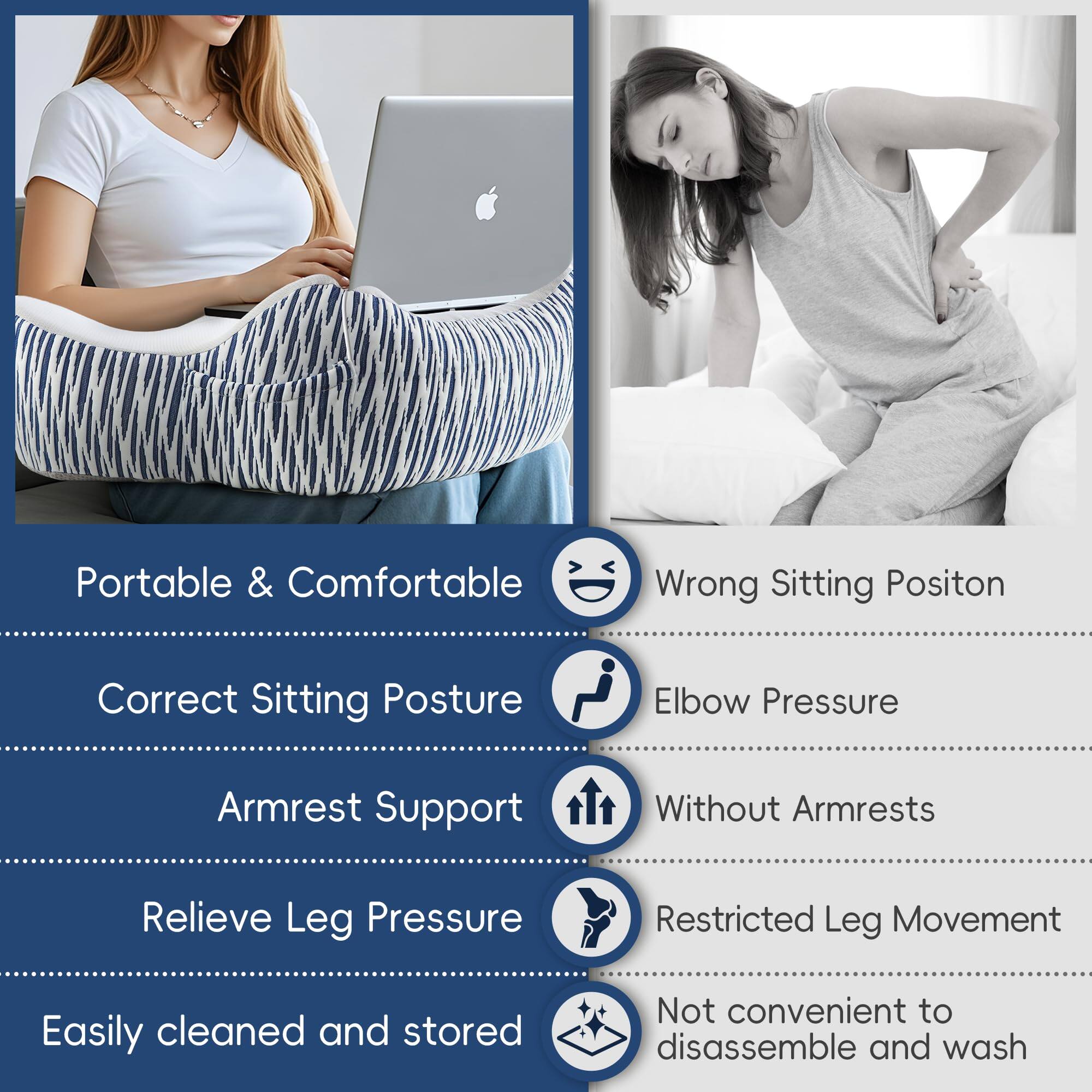 - Portable & Comfortable
- Correct Sitting Posture
- Armrest Support
- Relieve Leg Pressure
- Easily cleaned and stored

- Wrong Sitting Position
- Elbow Pressure
- Without Armrests
- Restricted Leg Movement
- Not convenient to disassemble and wash