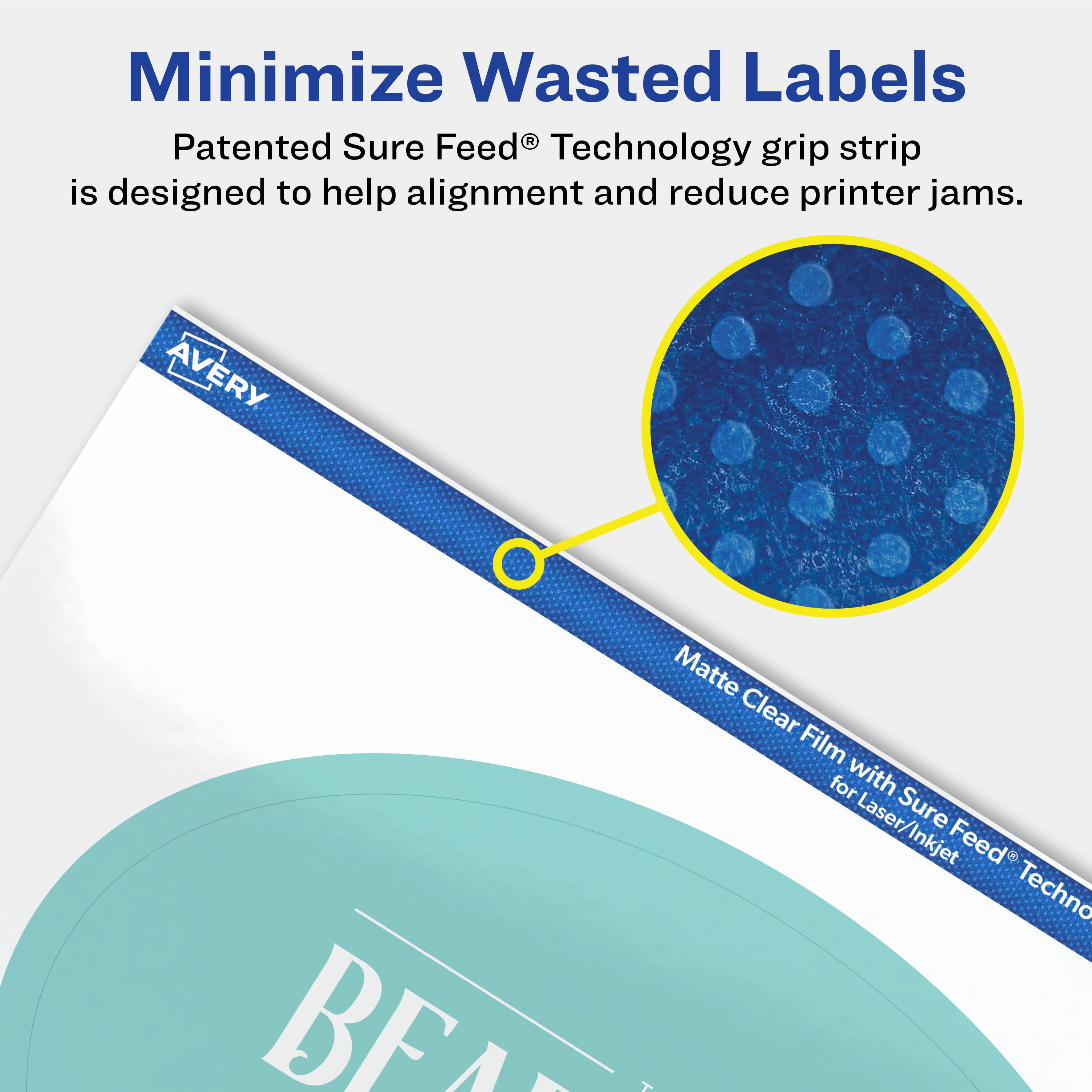 Minimize Wasted Labels

Patented Sure Feed® Technology grip strip is designed to help alignment and reduce printer jams.

AVERY BEAM Matte Clear Film for Laser/Inkjet with Sure Feed® Technology