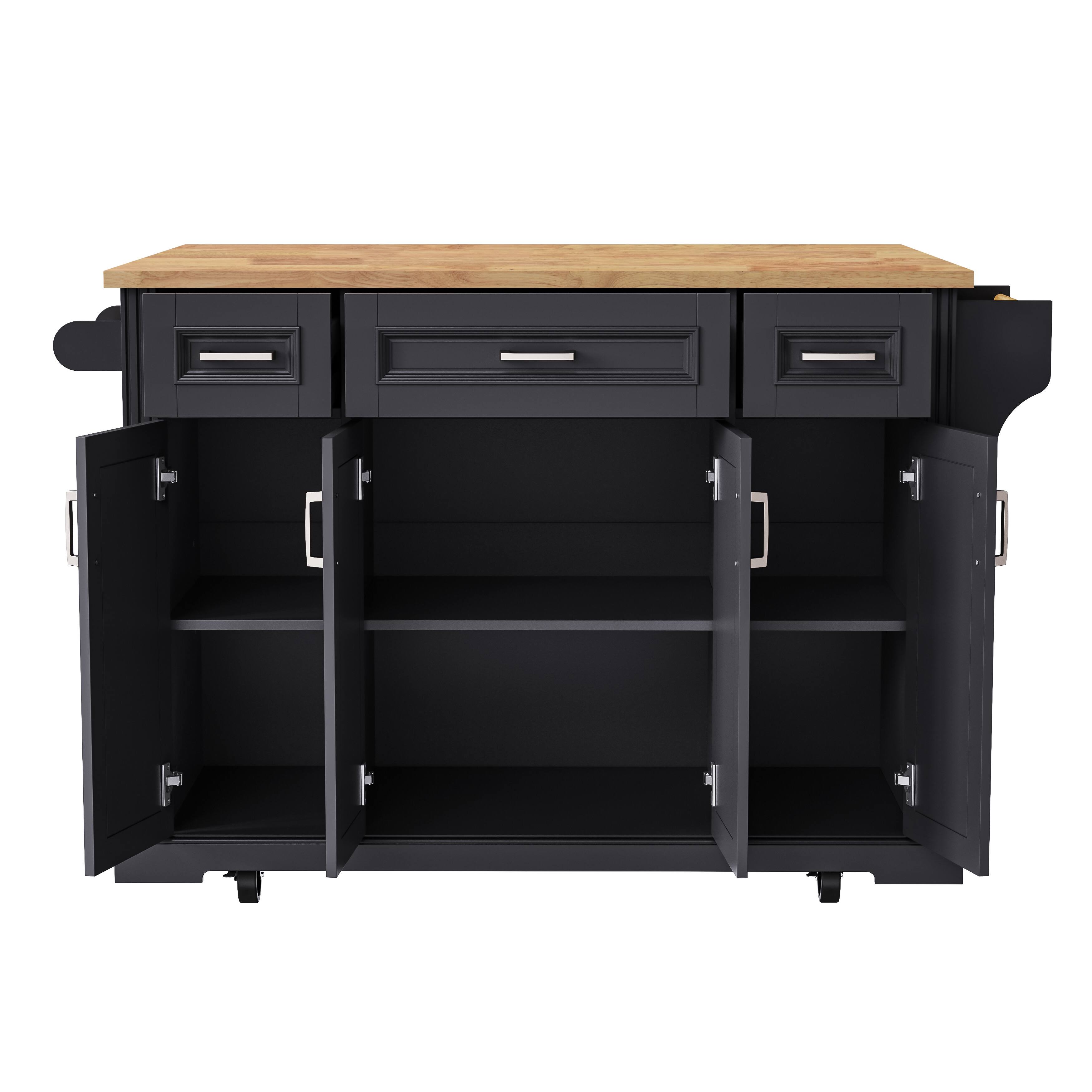 Left. Whisen - 54" Rubber Wood Top Drop Leaf Kitchen Island, Rolling Cart with Storage for Kitchen - Black.
