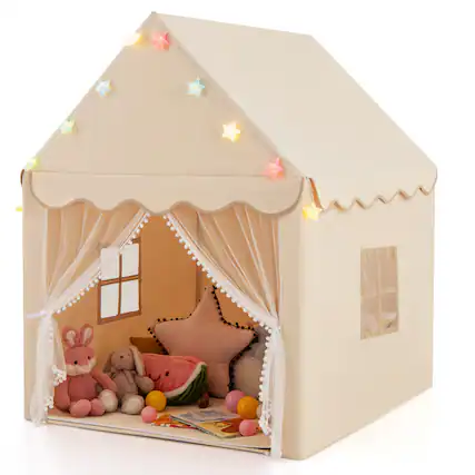 Front. Gymax - Gymax Kids Playhouse Tent Large Castle Fairy Tent?w/ Star Lights Mat Beige - Beige.