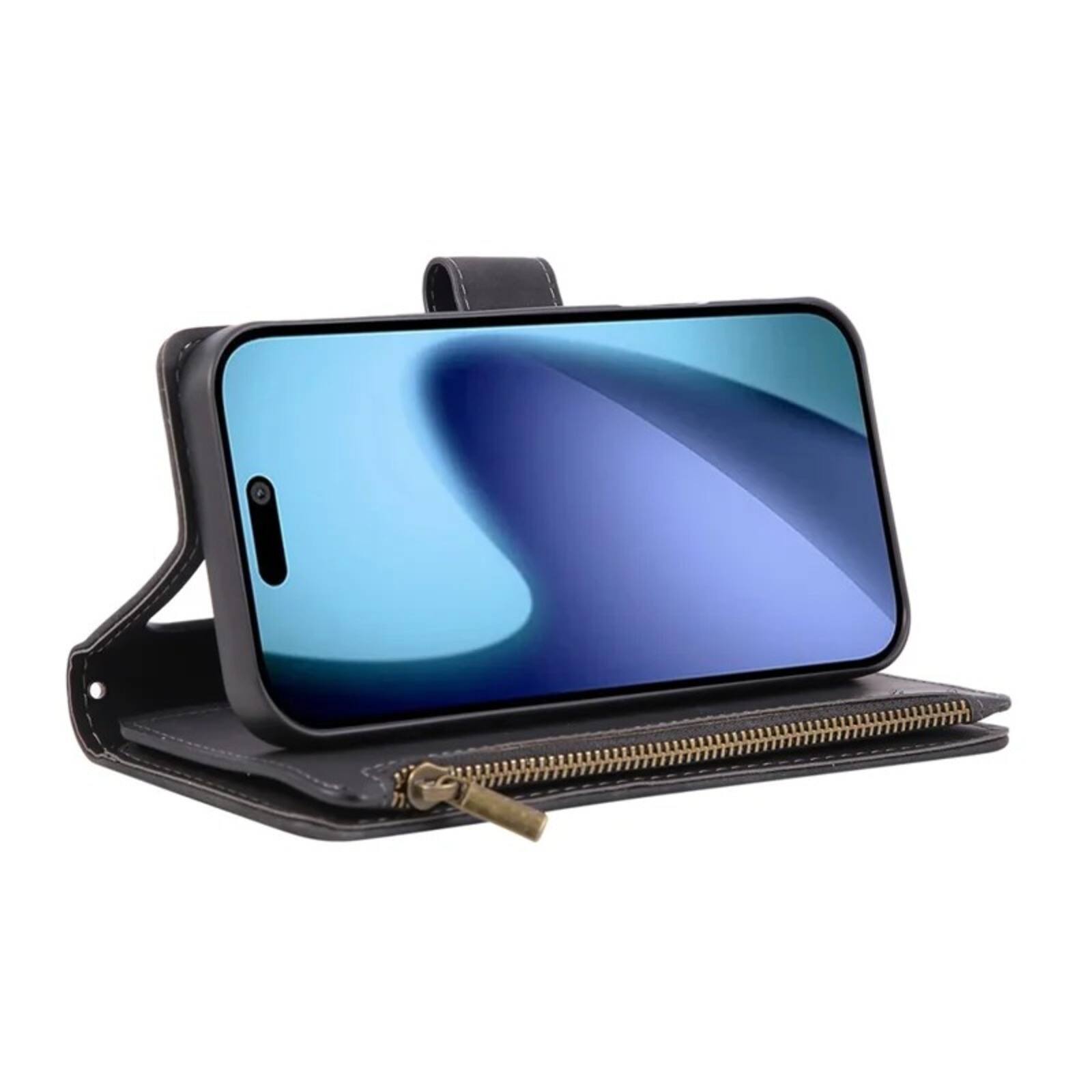 Alt View 1. UUCOVER - Zipper Wallet Case for Apple iPhone 17 Pro Max with Card Slots Cash Holder, Wrist and Shoulder Strap, Flip Stand Cover - Black.