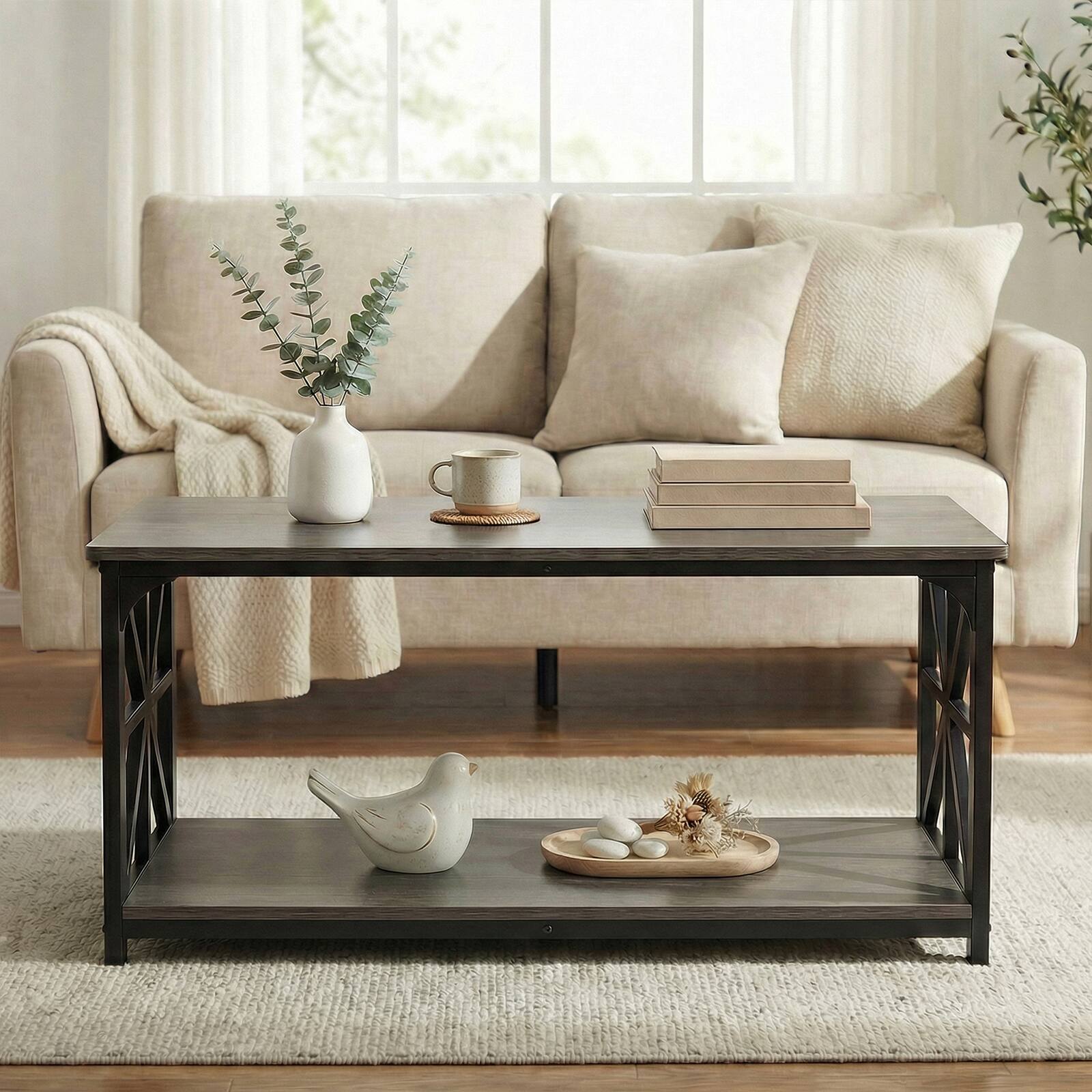 Alt View 3. Costway - Costway 2-Tier Coffee Table, Industrial Accent Table with Dual Star-shaped Metal Frames - Rustic Oak & Black.