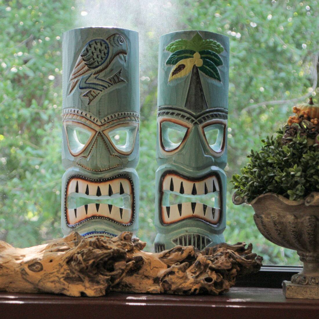 Alt View 3. Things2Die4 - Handcrafted Aqua Blue Parrot & Palm Tree Wooden Tiki Mask Wall Hangings – 20 Inches High - Set of 2 - Blue.