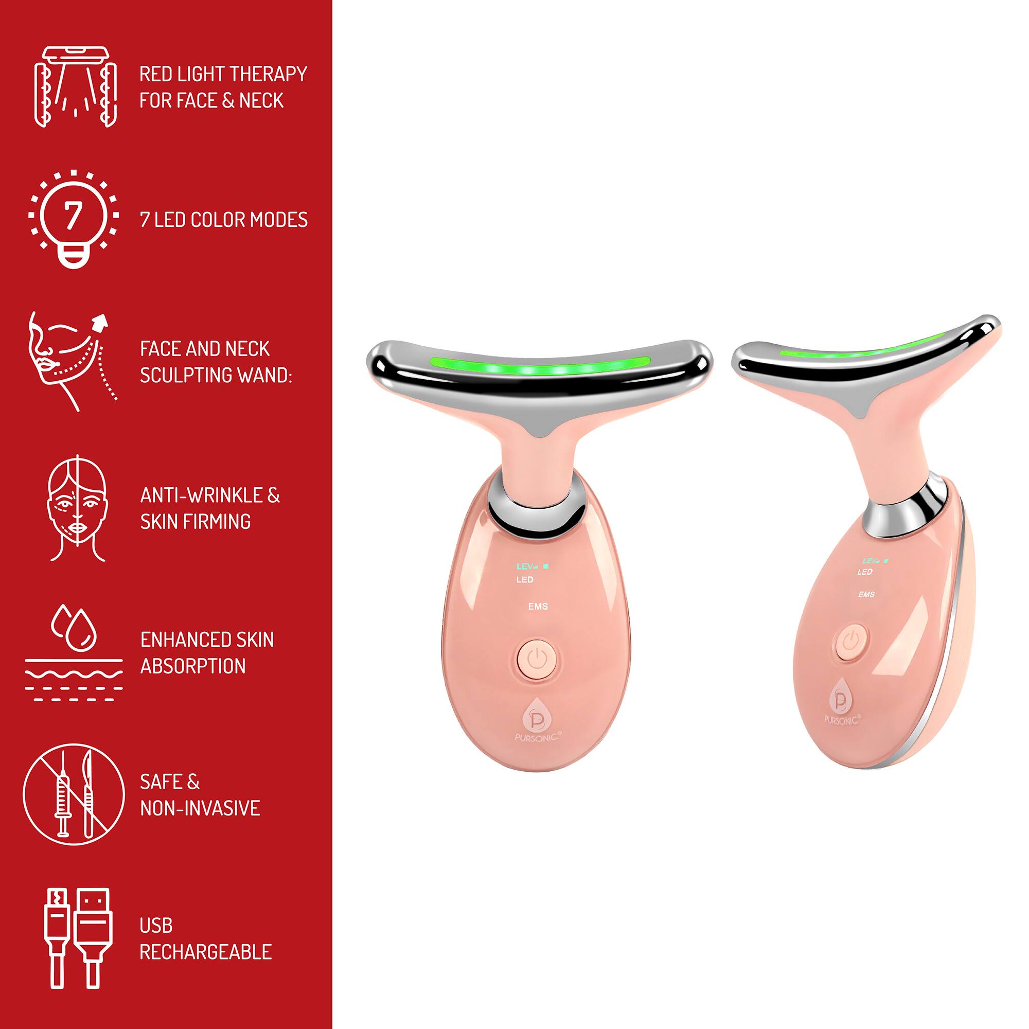 RED LIGHT THERAPY FOR FACE & NECK
7 LED COLOR MODES
FACE AND NECK SCULPTING WAND: ANTI-WRINKLE & SKIN FIRMING
ENHANCED SKIN ABSORPTION
SAFE & NON-INVASIVE
USB RECHARGEABLE